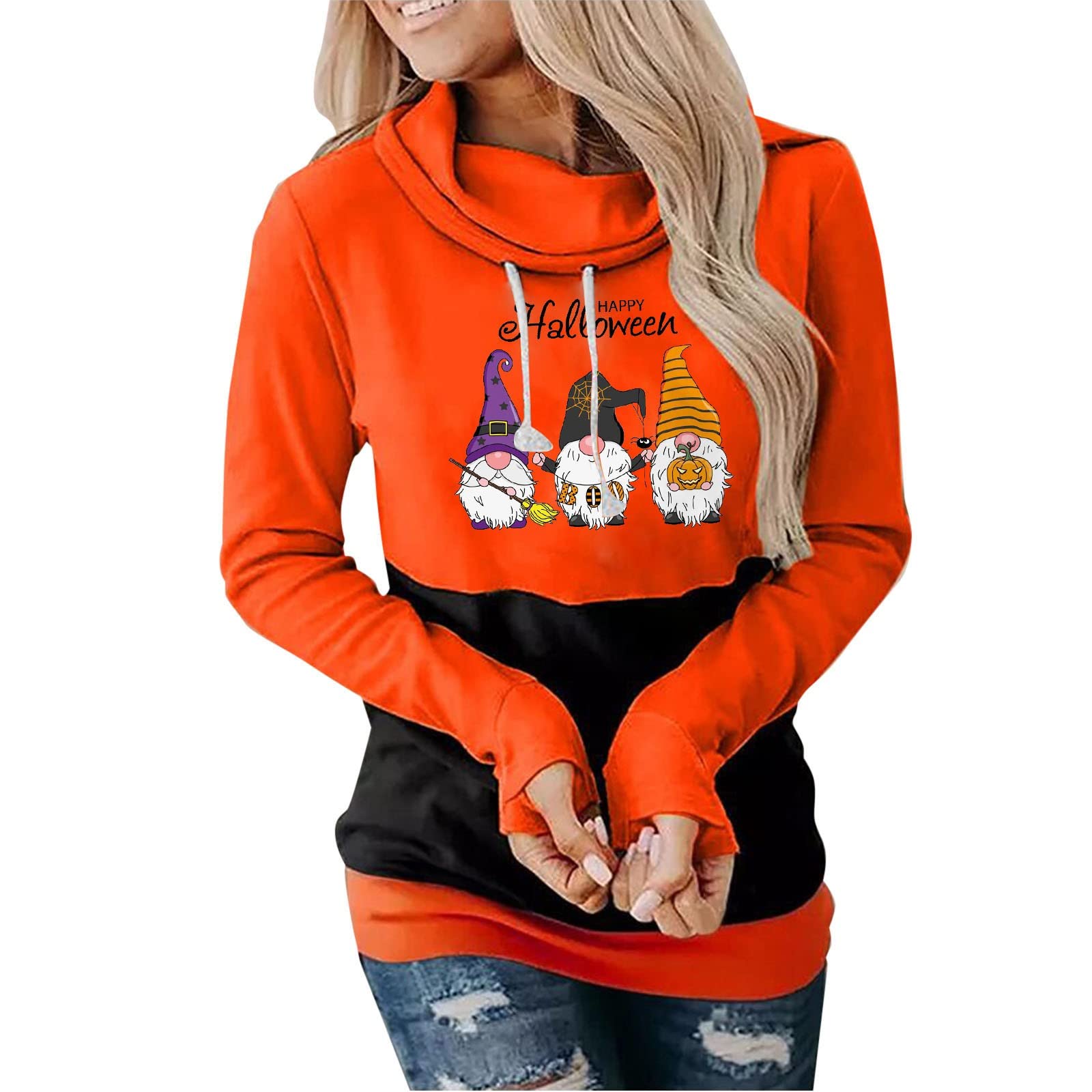 Women's Halloween Graphic Print Hoodie - Zip Up Pullover Sweatshirt with Round Neck & Long Sleeves | Cozy Fall Outfit for Pumpkin Patch, Trick or Treat & Spooky Parties