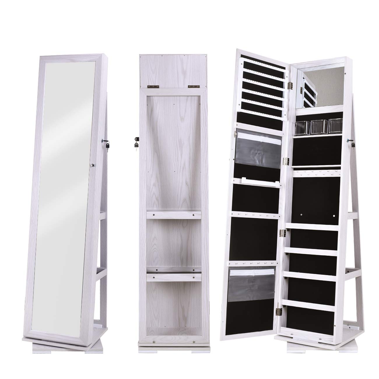 360° Swivel Jewelry Cabinet with Full-Length Mirror - Wooden Jewelry Storage Organizer & Makeup Armoire with Lock - Perfect for Bedroom, Dressing Room & Closet Organization
