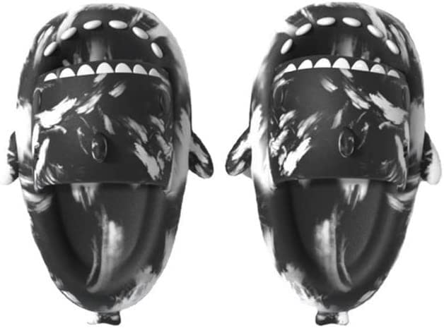 OMKUOSYA Unisex Shark Slippers - Funny Cute Shark Slides for Men & Women | Soft Lightweight Sandals for Beach, Pool Party, Home & Outdoor | Black+White Color | Size 7.5-8 Men (US)