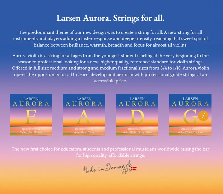 LARSEN STRINGS Aurora Violin Strings Set 4/4 Full Size with D Silver Medium Gauge - Professional Quality for Classical & Orchestral Performance