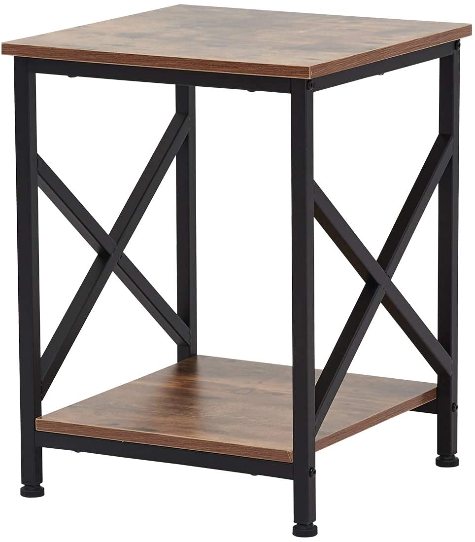 Kinbor Industrial 2-Tier End Table with Storage Shelf - X-Design Metal Frame Nightstand for Living Room & Bedroom - Rustic Brown & Black Side Table - Perfect for Small Spaces, Apartment Decor & Coffee Table Alternative
