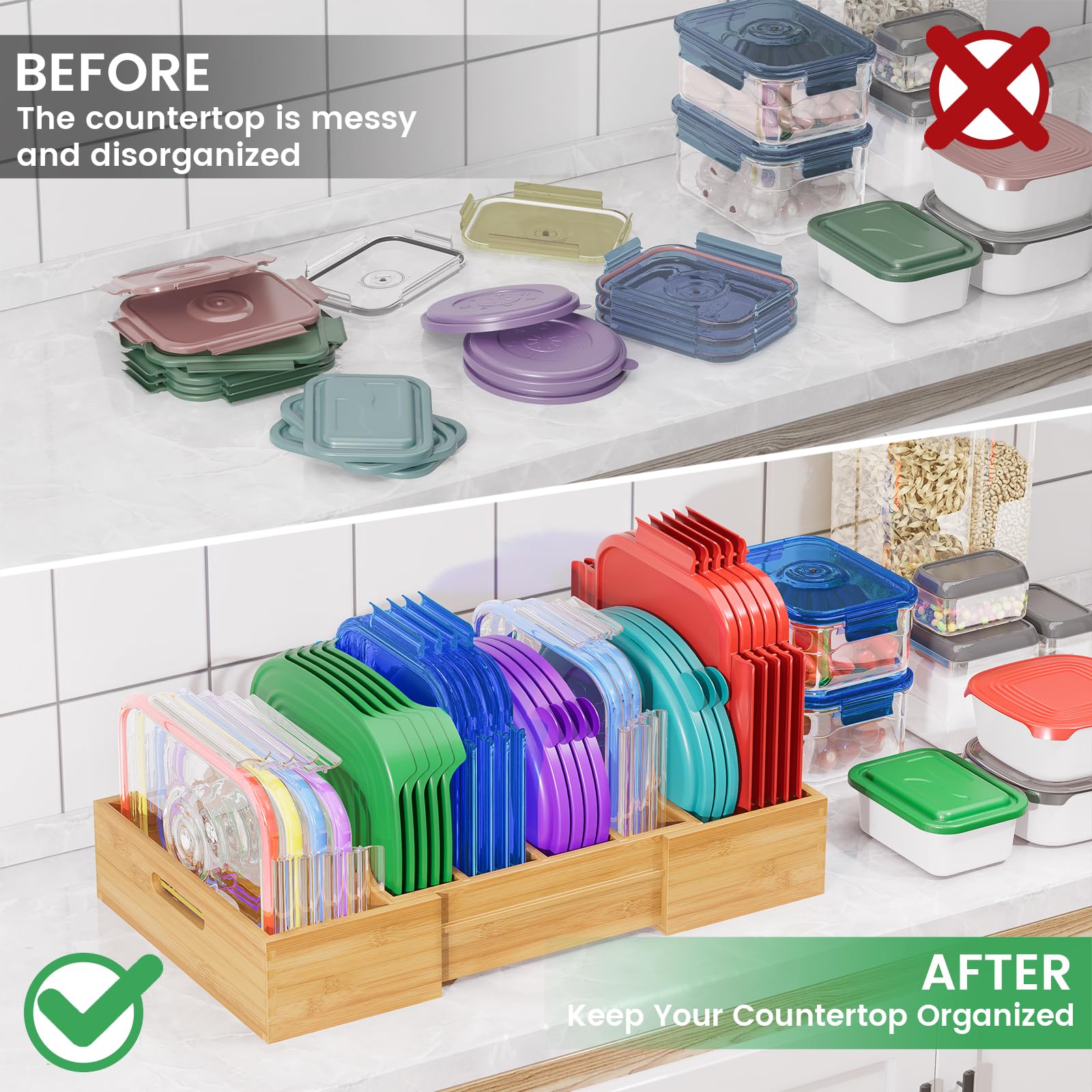 Expandable Bamboo Drawer Organizer for Kitchen Cabinets - Adjustable Lid Storage with 3 Dividers - Plastic Food Container & Tupperware Lid Holder - Perfect for Pantry Organization & Space Saving