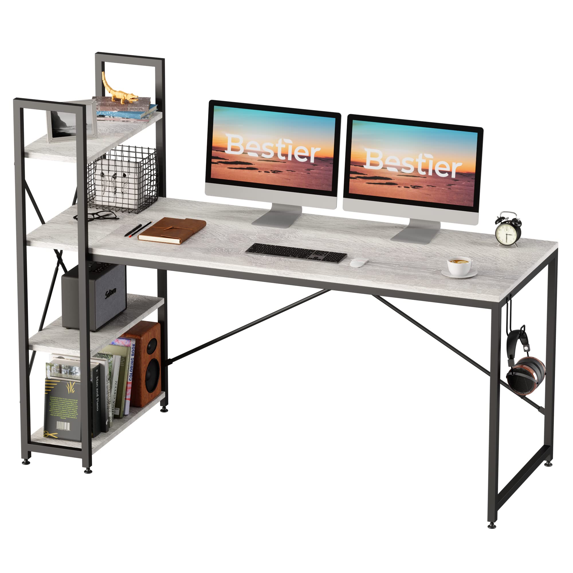 Bestier 63 Inch Adjustable Height Computer Desk with Reversible Bookshelf & Metal Legs - Home Office Desk for Work, Study & Gaming - Wash White Modern Writing Table for Small Spaces & Studio Apartments