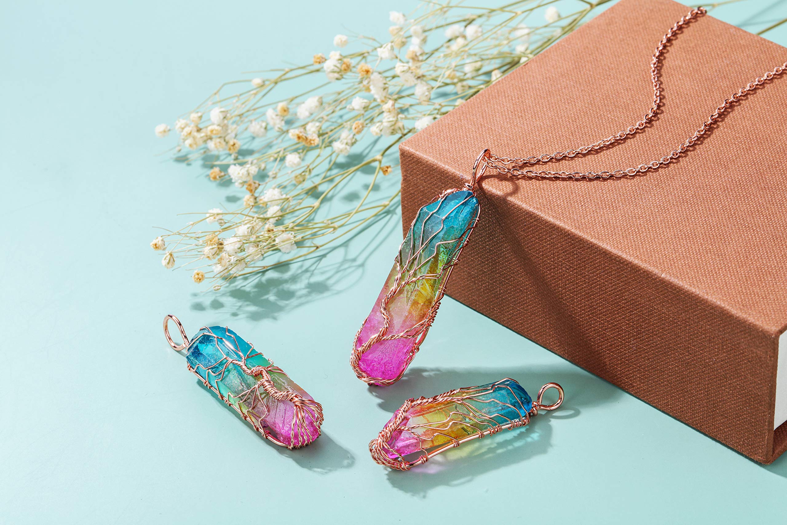 Jovivi 2-Piece Crystal Necklace Set - Rose Gold Plated Rose Flower Wrapped Natural Rose Quartz & Titanium Coated Rainbow Rock Quartz Chakra Necklaces for Healing, Energy Balancing & Spiritual Wellness | Perfect for Meditation, Yoga, Reiki & Gift Giving