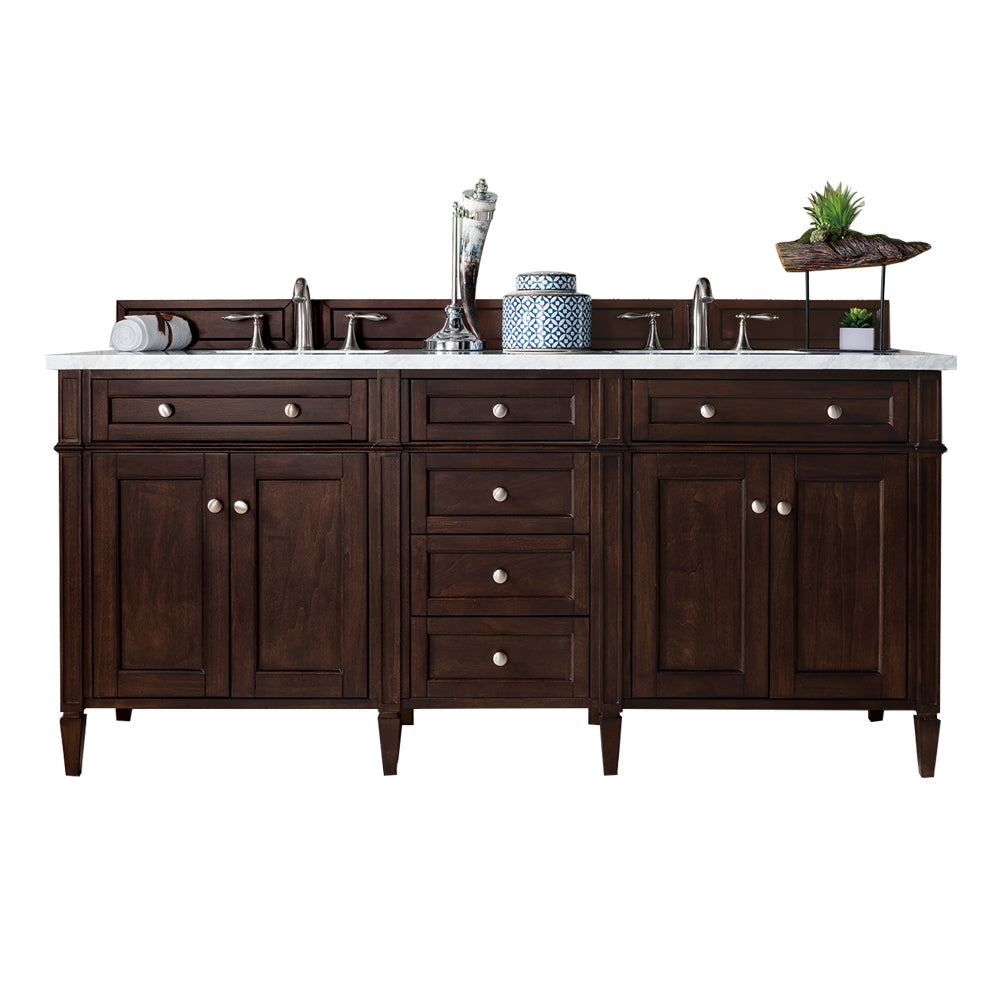 Brittany 72 Inch Burnished Mahogany Double Bathroom Vanity with 3CM White Zeus Quartz Countertop - Perfect for Master Bathroom Renovation and Luxury Home Decor