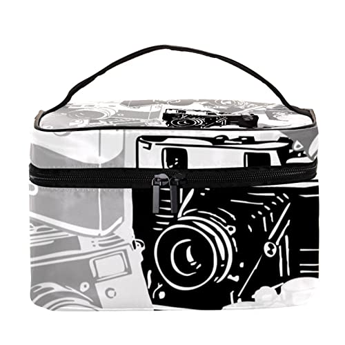 Vintage Camera Print Large Professional Makeup Bag for Women - Travel Cosmetic Organizer with Pouch, Portable Toiletry Case for Jewelry & Accessories | Perfect for Airplane, Train & Vacation Trips