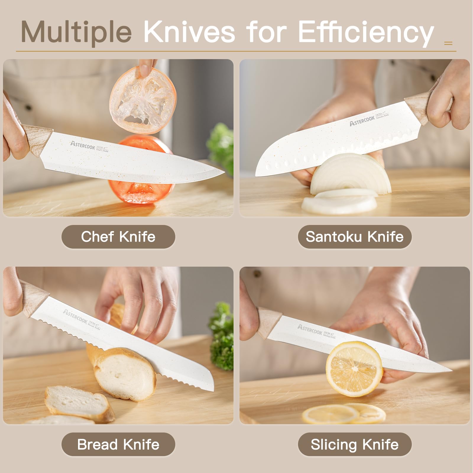 Astercook 13-Piece Ceramic Coated Stainless Steel Kitchen Knife Set with 6 Blade Guards - Wooden Handle, Dishwasher Safe - Perfect for Home Chefs, Cooking Enthusiasts & Professional Kitchens