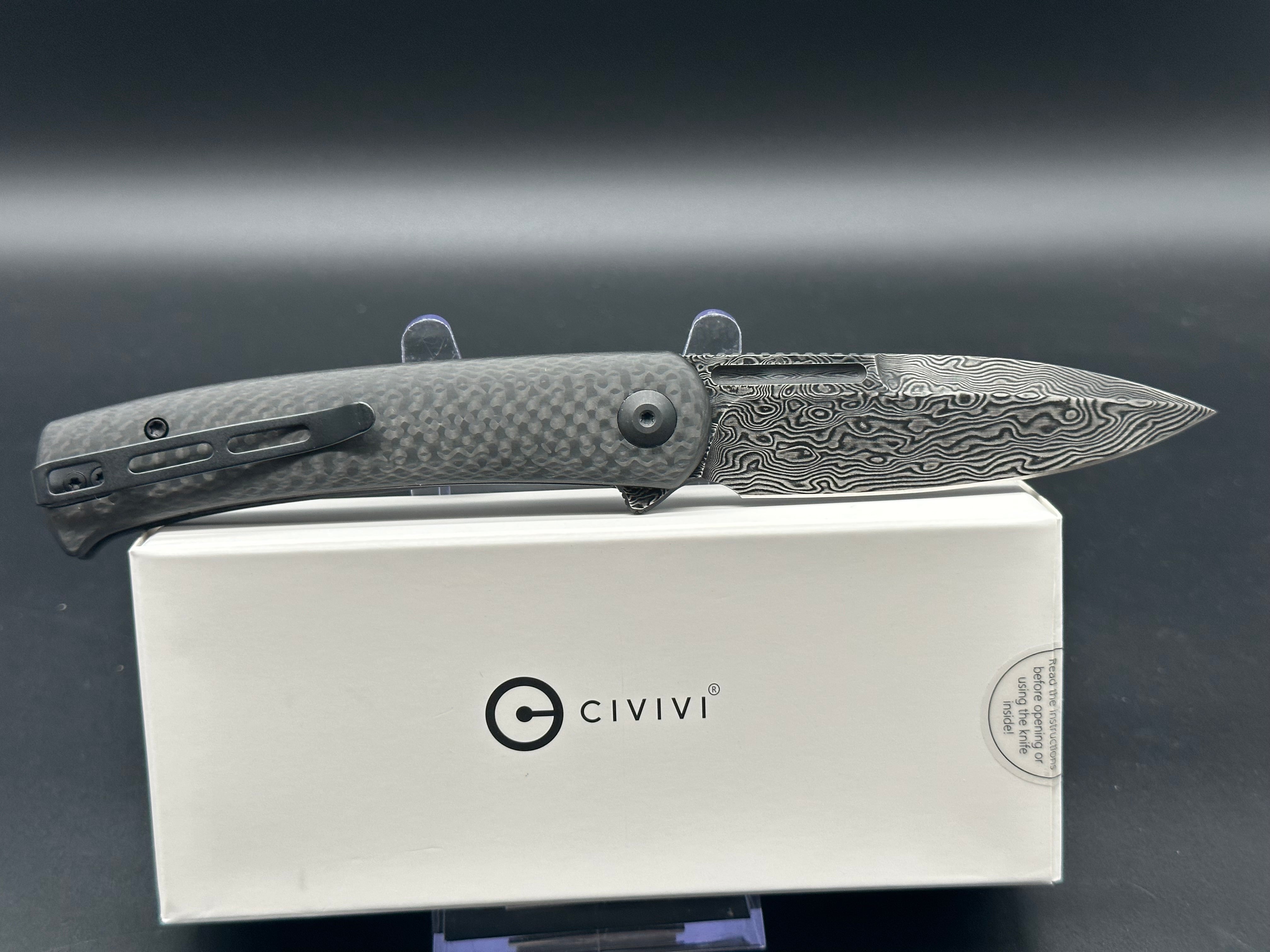 Civivi Caetus Folding Knife - Black Hand-Rubbed Damascus Blade & Twill Carbon Fiber Handle - EDC Pocket Knife for Outdoor, Camping, and Everyday Carry