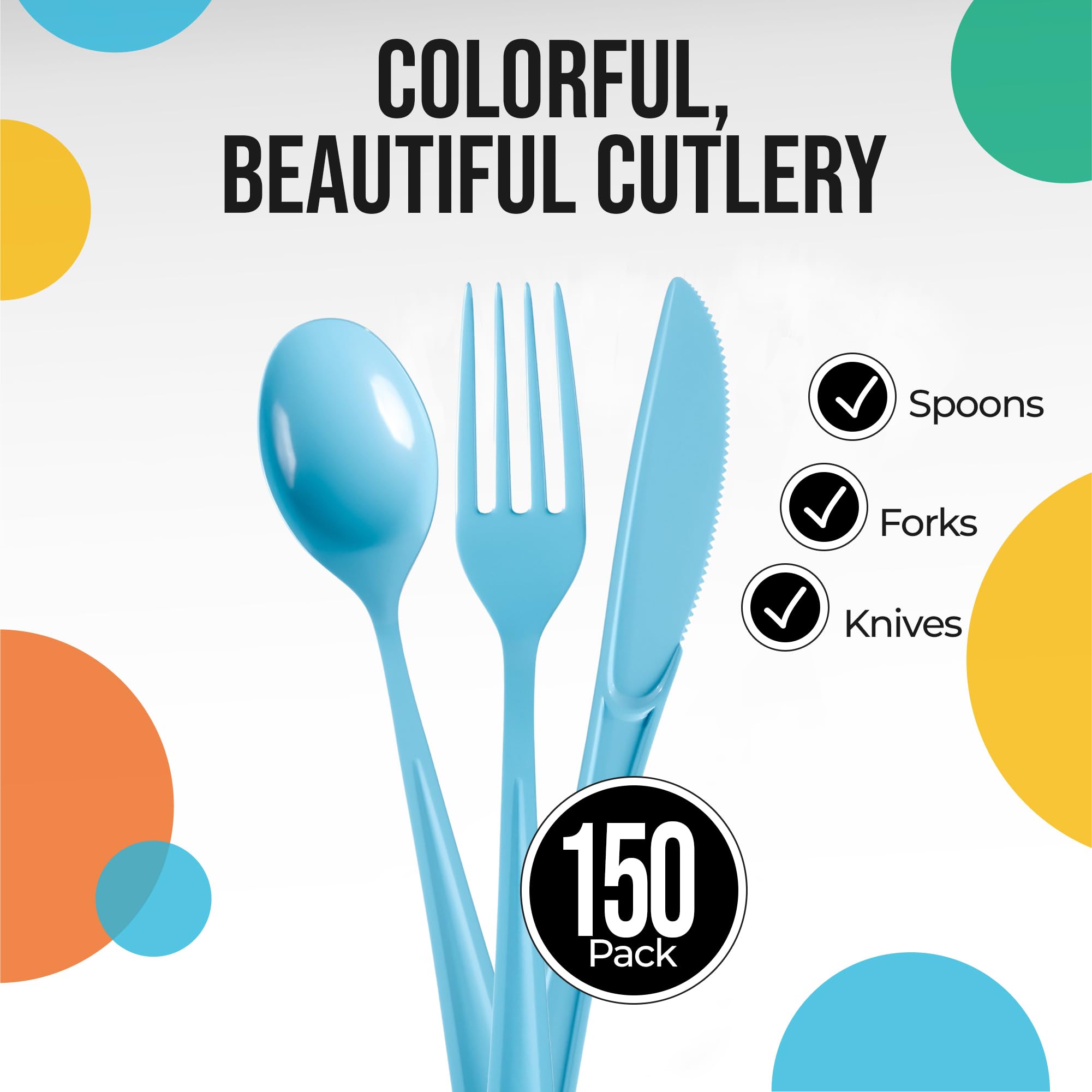 Light Blue Heavy Duty Plastic Cutlery Set - 150 Pcs Disposable Utensils (50 Forks, 50 Knives, 50 Spoons) - Durable Party Flatware for Picnics, BBQs, Catering & Events