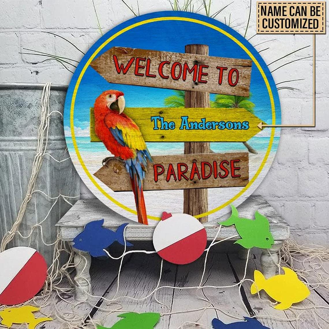 Custom Wooden Beach Welcome Sign - Personalized 'Welcome to Paradise' Home Decor, Funny Gift for Beach House, Tropical Themed Wall Art with Parrot Design - Perfect for Coastal Living Rooms, Porches & Vacation Rentals