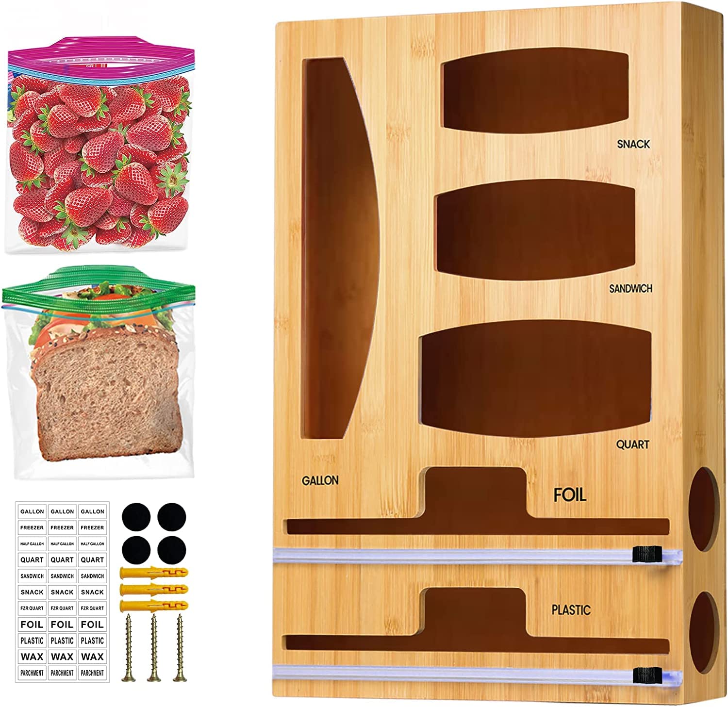 Bamboo Ziplock Bag Storage Organizer for Kitchen Drawer - 6 Slot Bamboo Organizer Box for Gallon, Quart, Sandwich & Snack Bags | Space Saving Kitchen Drawer Organizer | Perfect for Pantry, Camping & Meal Prep Organization
