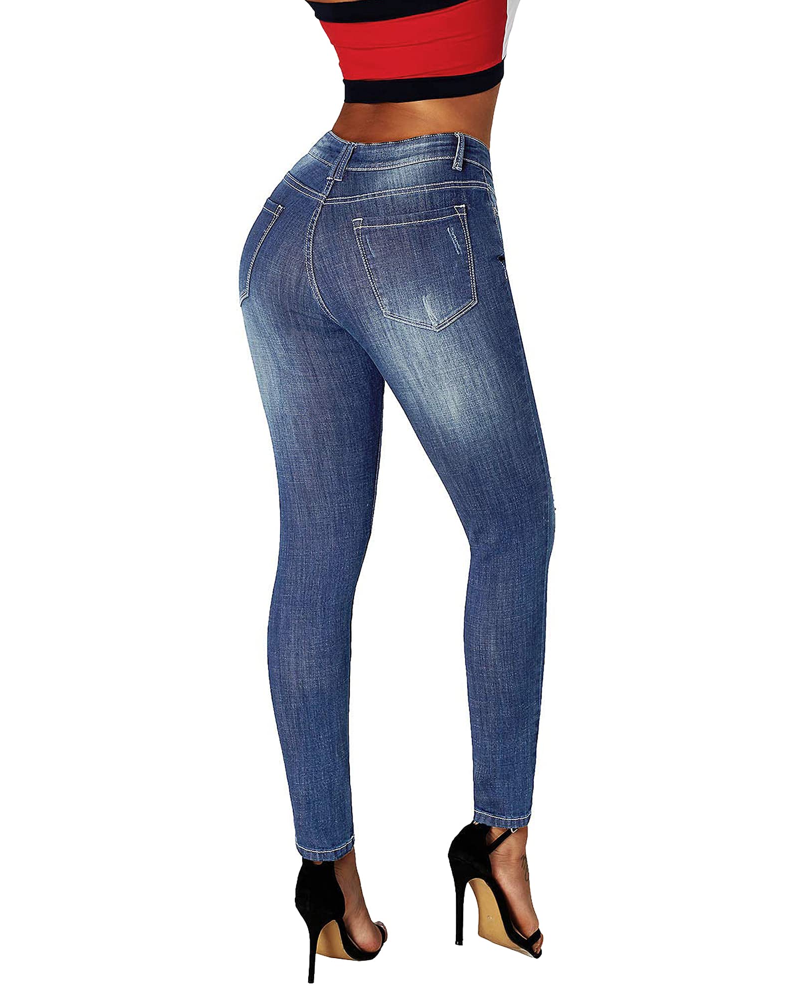 Roswear Women's Ripped Mid Rise Skinny Jeans - Distressed Denim Pants for Casual Wear, Street Style & Everyday Outfits