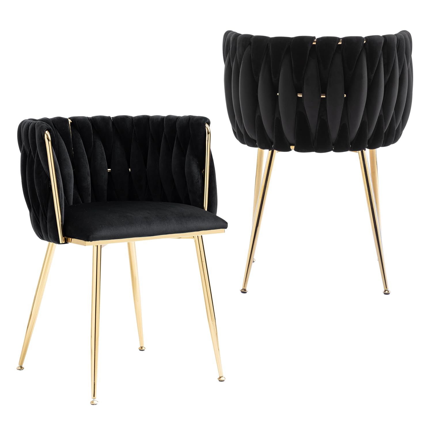 Nrizc Set of 2 Modern Velvet Upholstered Dining Chairs with Gold Metal Legs - Elegant Woven Accent Chairs for Living Room, Kitchen & Dining Room (Black) - Perfect for Home Decor, Dinner Parties & Cozy Gatherings