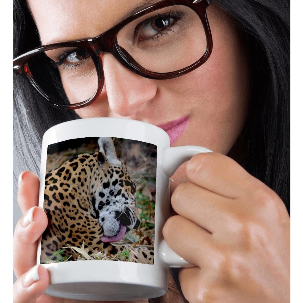 3D Rose White 11 oz Ceramic Mug with Jaguar Licking Leg Design - Perfect for Coffee, Tea, or Gift Giving at Home or Office