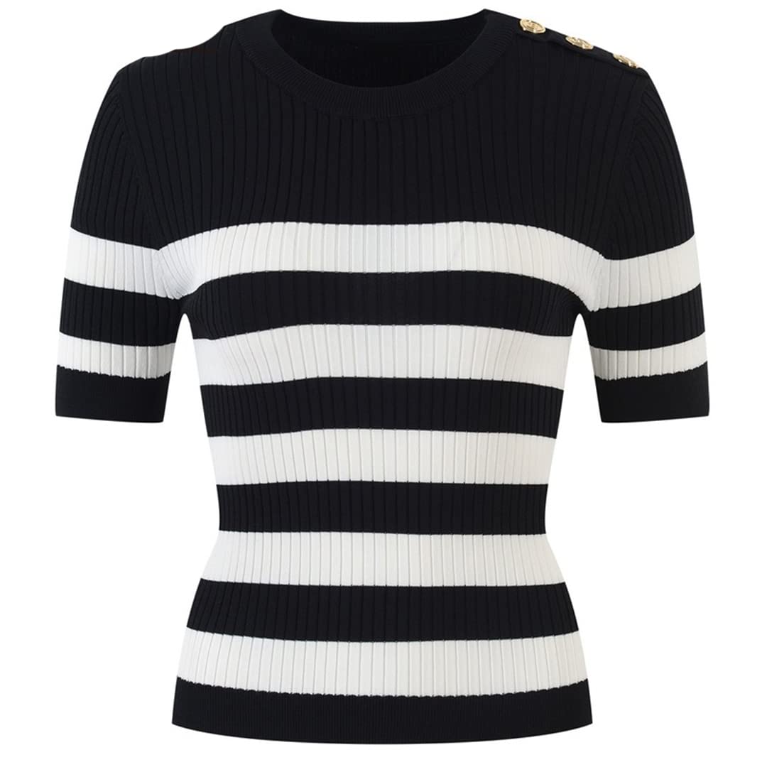 Women's Gold Button Short Sleeve Striped Knit Sweater - Loose Fit Casual Pullover Blue Top for Summer | Office Wear, Weekend Outfits & Beach Cover-Up