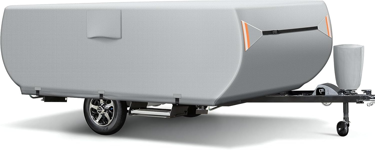 Heavy Duty Waterproof Pop Up Camper Cover - Ripstop Fabric with 3 Adjustable Bottom Straps, UV Protection & Windproof Design for All Season Use - Fits 10' to 12' Trailers - Perfect for Outdoor Storage, Camping Trips & RV Protection