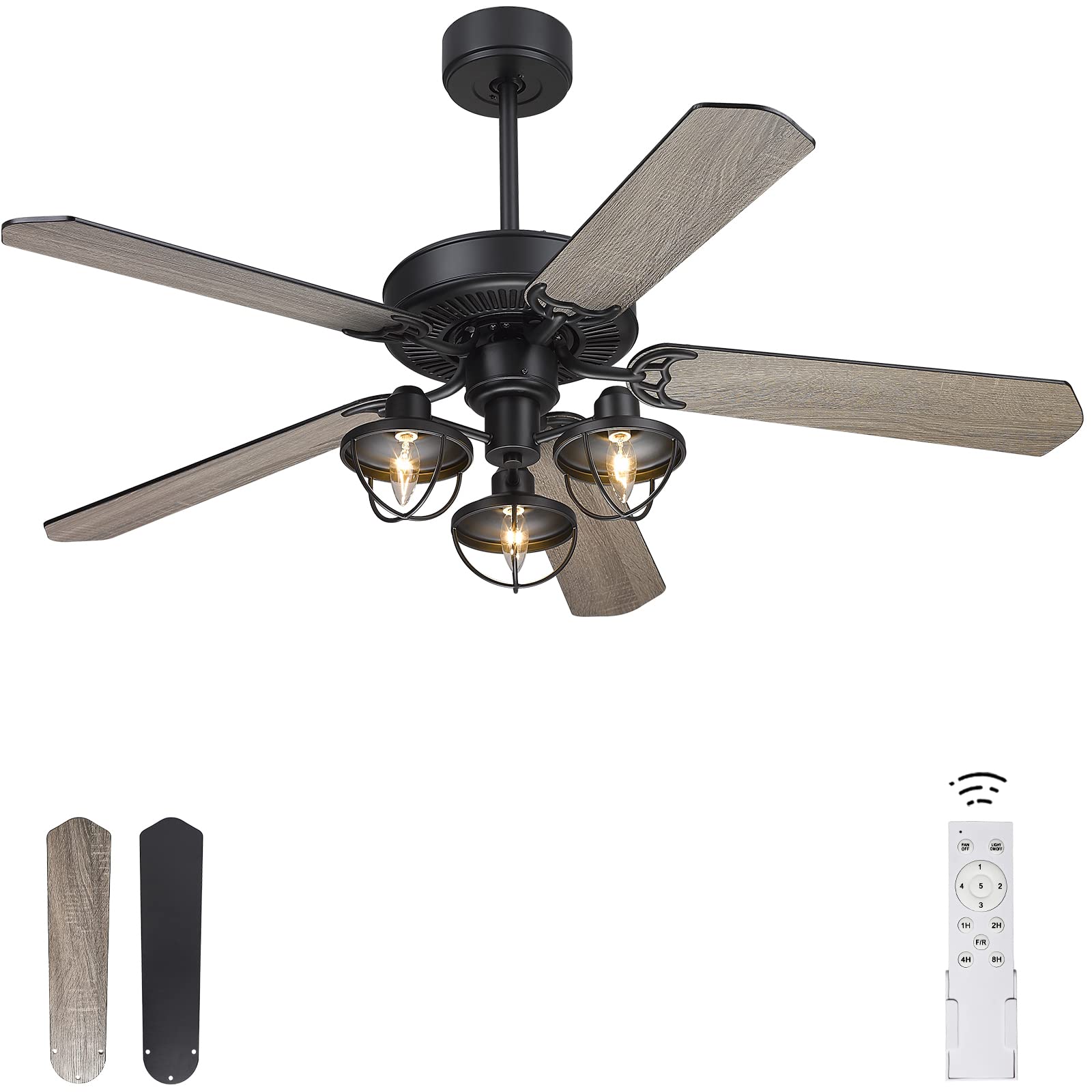52 Inch Farmhouse Wooden Ceiling Fan with Lights - Industrial Style Remote Control Ceiling Fan, 5 Reversible Blades Indoor/Outdoor Use, Matte Black/Barnwood Finish - Perfect for Living Room, Bedroom, Patio, and Covered Porch