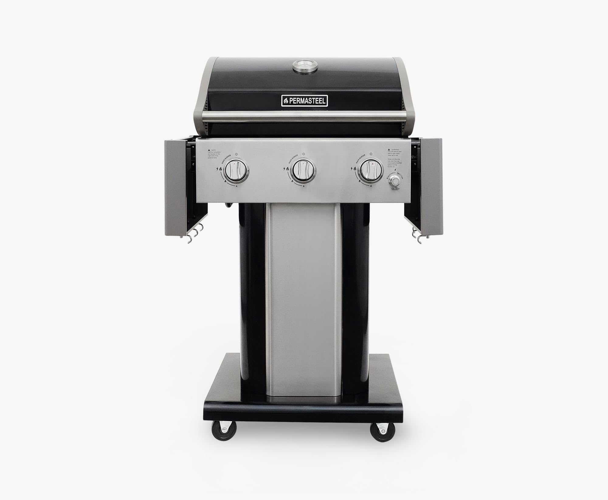 Permasteel 3-Burner Propane Gas Grill - 30,000 BTU Outdoor BBQ Grill with Cast Iron Grates, Foldable Side Shelves & Tool Hooks - Perfect for Backyard, Patio, and Camping Cooking - Black