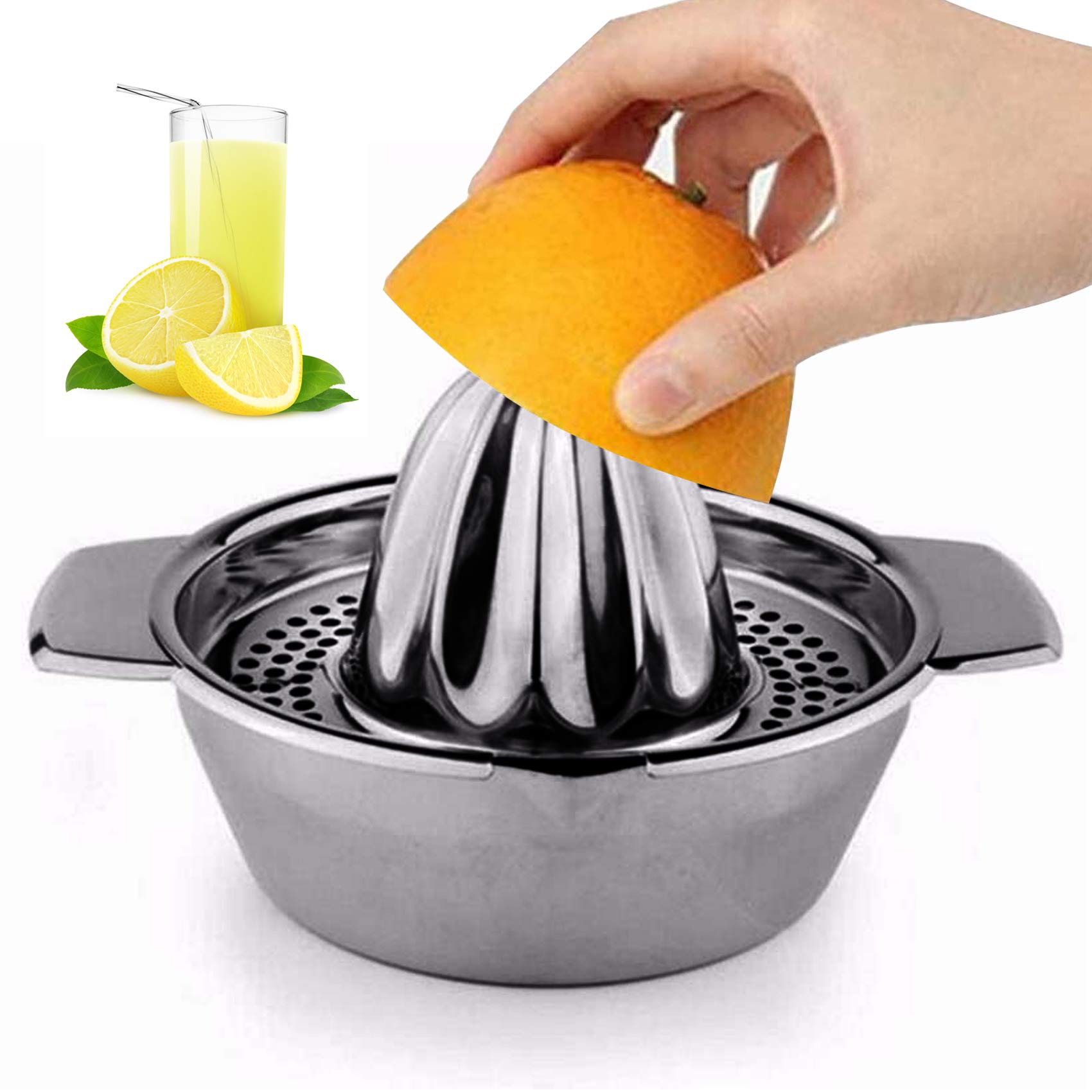 Premium Stainless Steel Lemon Squeezer - Heavy Duty Citrus Juicer for Lemons, Oranges & Limes - Ergonomic Hand Press with Drip-Free Spout & Storage Bowl - Perfect for Cocktails, Baking & Healthy Juicing at Home
