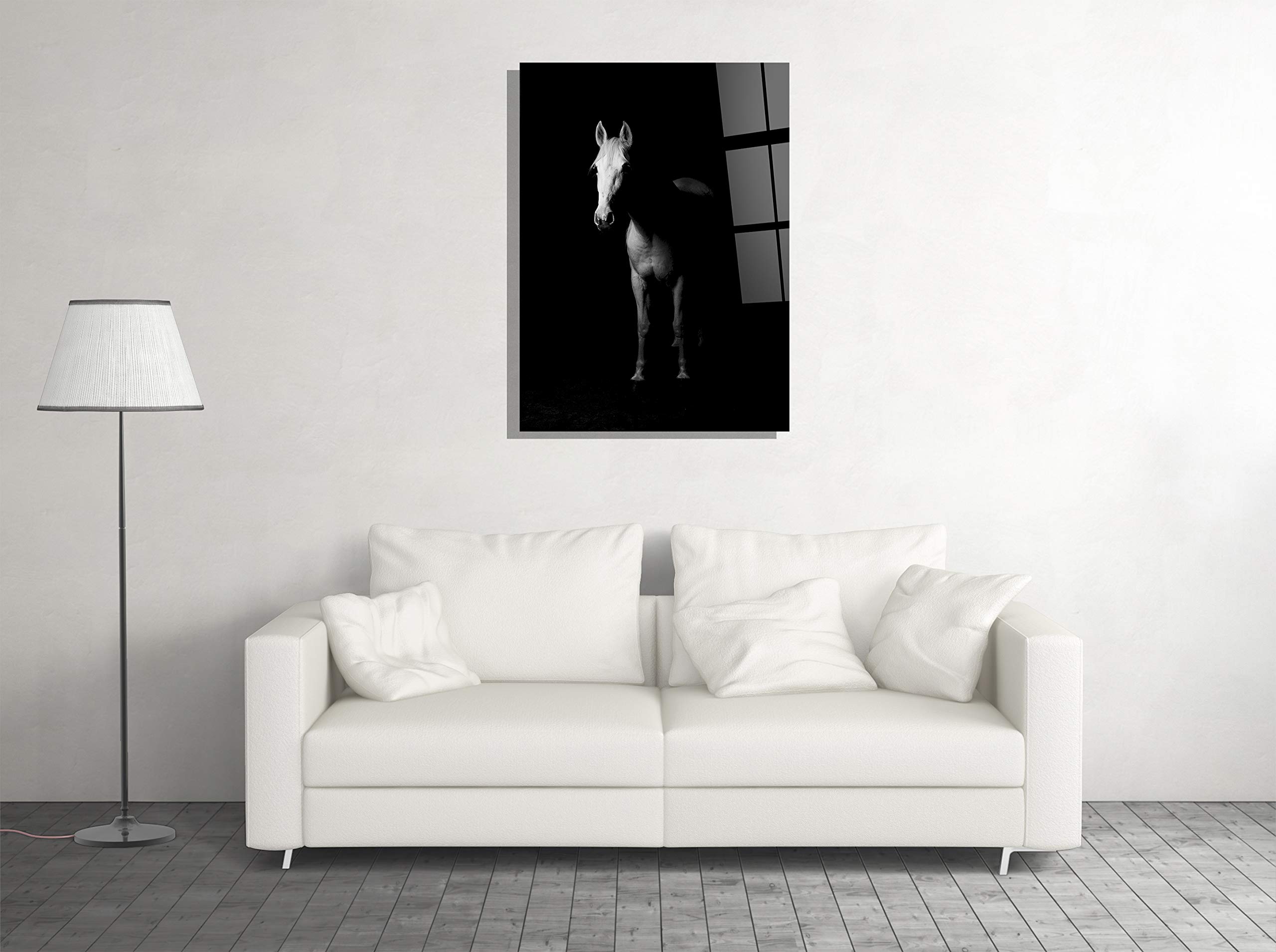 Black and White Horse Photo Print - Beautiful Animal Art on Tempered Glass Canvas - Modern Home, Office & Hotel Wall Decor - Perfect Gift Idea (16x24) - Ideal for Living Rooms, Bedrooms & Reception Areas