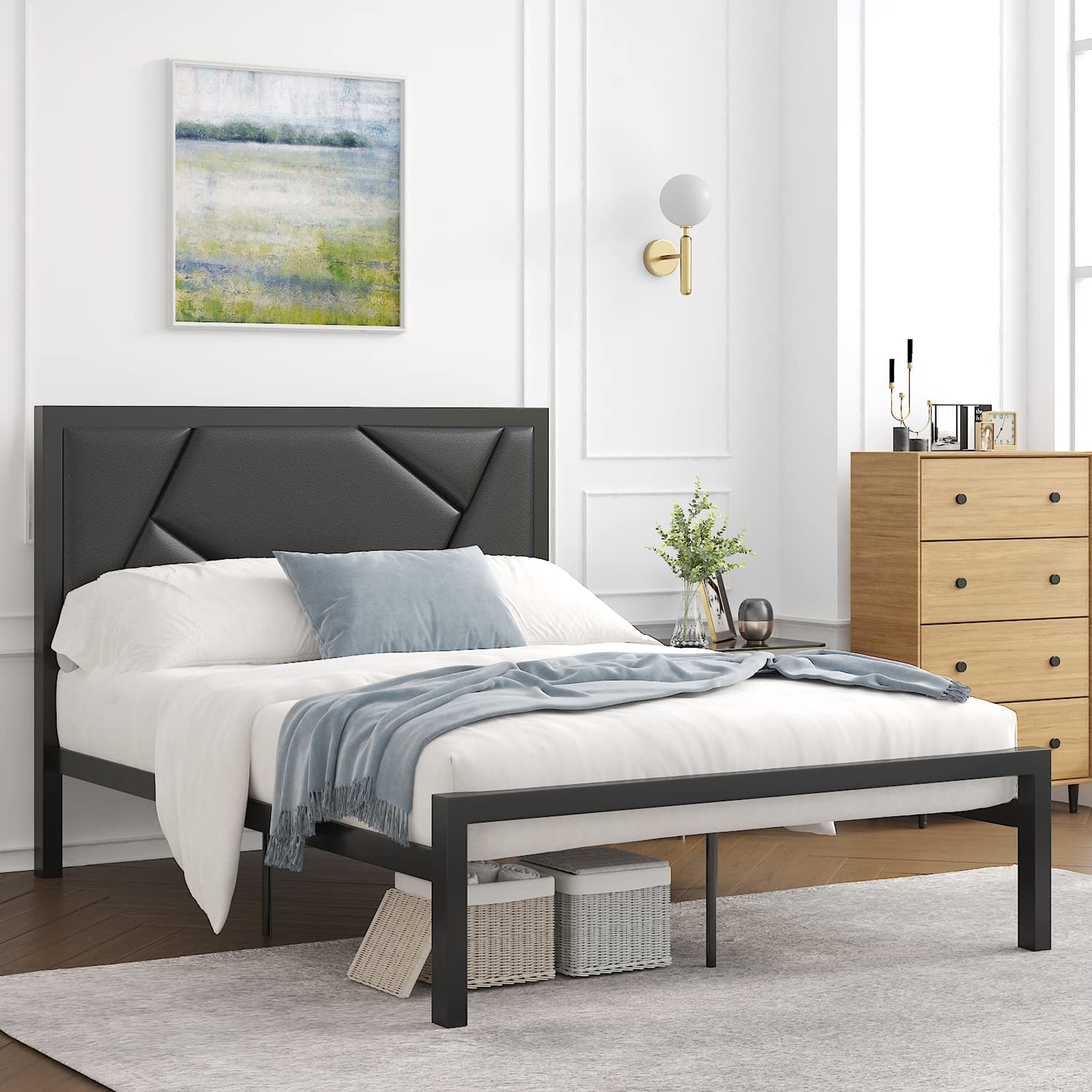 ikalido Modern Full Bed Frame with Headboard - Leather Upholstered Platform Metal Bed with Under-Bed Storage (Black, Geometric Litchi Texture) - Perfect for Small Bedrooms, Guest Rooms & Studio Apartments