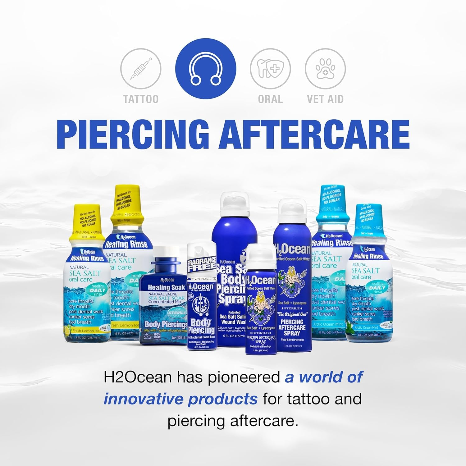 H2Ocean Piercing Aftercare Spray - Saline Wound Wash for Ear, Nose, Lip, Belly & Nipple Piercings - Sea Salt Cleaning Solution with Bump Treatment - 2 Pack - Perfect for New Piercing Care & Tattoo Aftercare