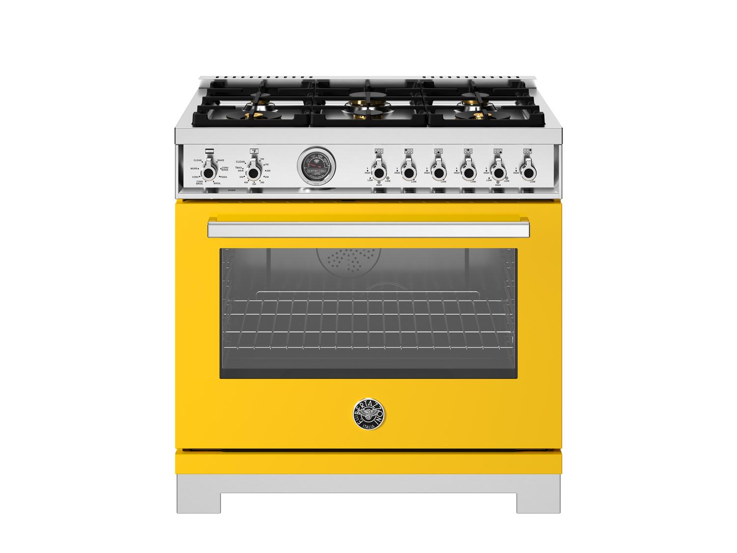Bertazzoni PRO366BCFEPGIT 36 Inch Dual Fuel Range with 6 Brass Burners & Cast Iron Griddle - Electric Self-Cleaning Oven in Giallo Yellow - Perfect for Professional Kitchens & Home Chefs