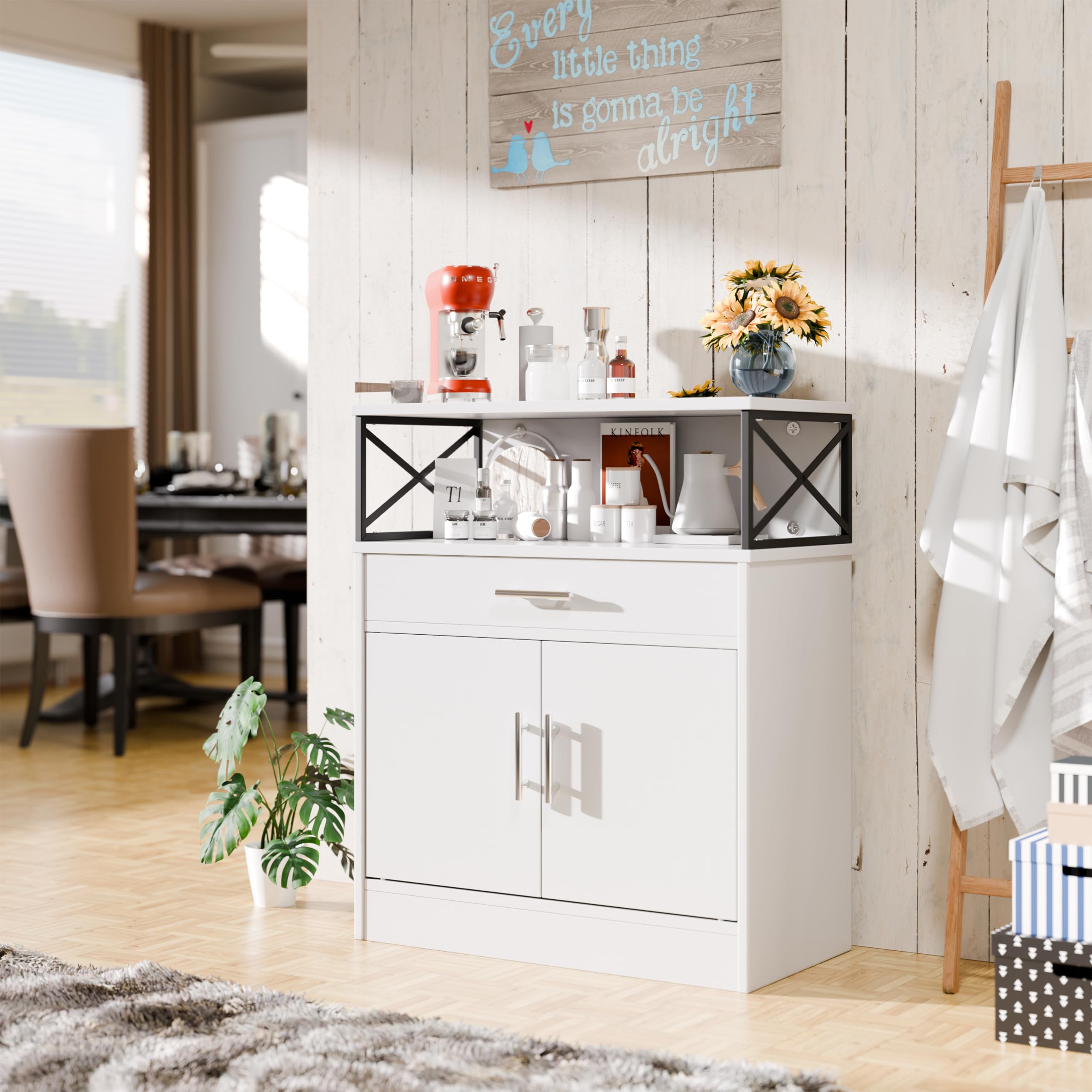 SUNLEI White Farmhouse Kitchen Buffet Cabinet with 2 Doors, 1 Drawer & Adjustable Shelves - Storage Sideboard for Dining Room, Living Room & Laundry - Perfect for Coffee Bar Setup & Home Organization
