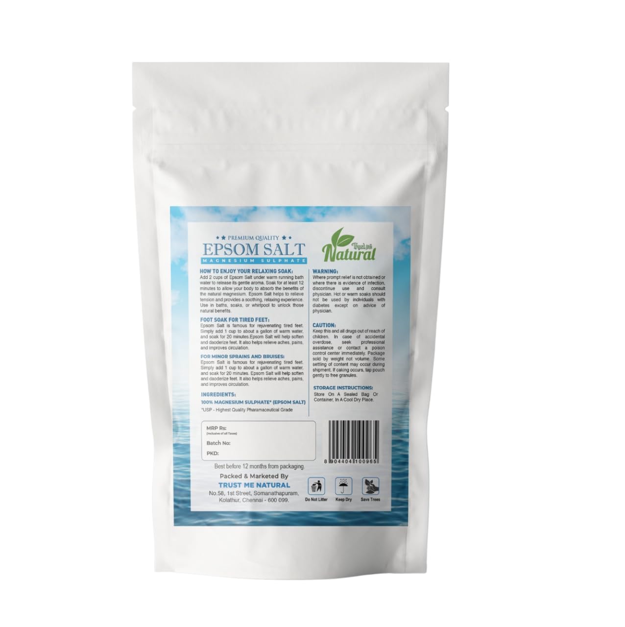 Trust Me Natural Organic Epsom Salt Crystals - 1kg for Muscle Relief, Foot Soak & Pain Relief | Magnesium Sulfate Bath Soak for Relaxation & Gardening | Perfect for Spa, Post-Workout Recovery & Plant Care