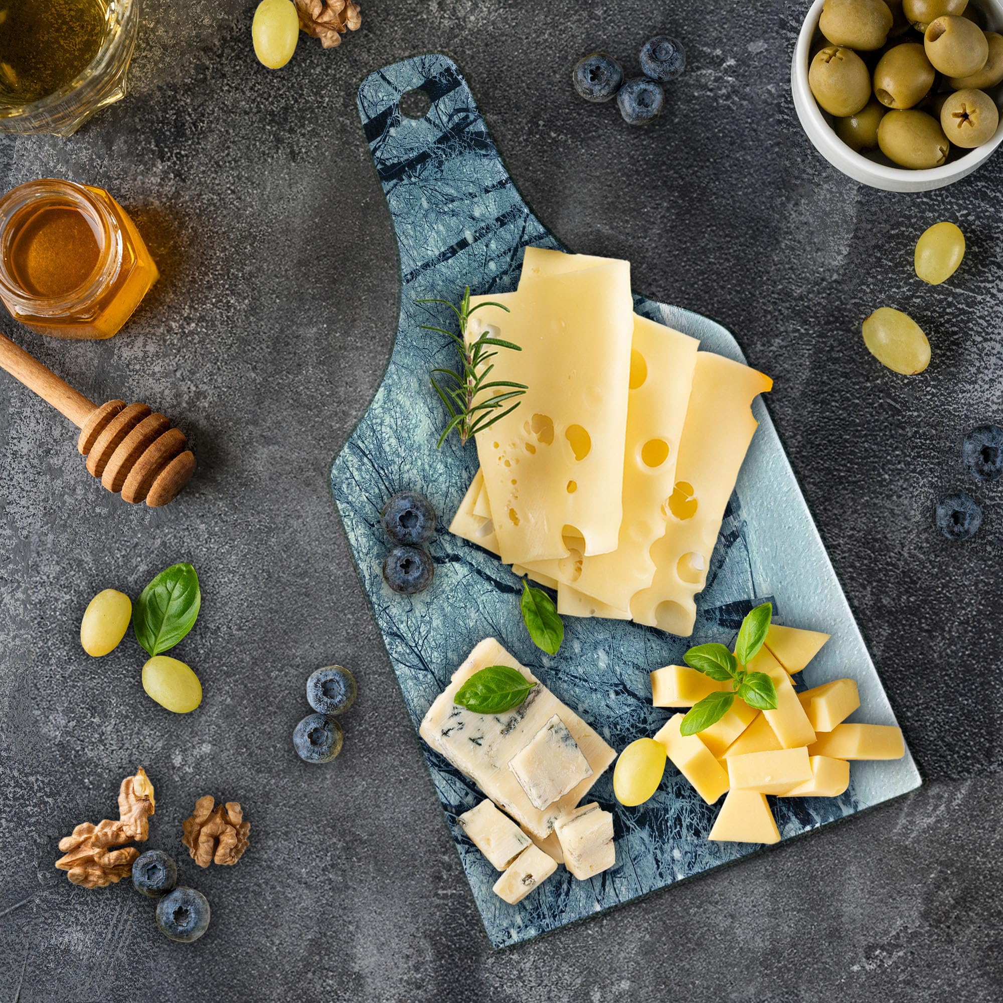 Ambesonne Winter Themed Tempered Glass Cutting Board - Snowy Forest Scenery with Wine Bottle Shape - Durable Serving Board for Cheese, Charcuterie & Holiday Entertaining - Pale Blue, Black & White Decorative Kitchen Accessory