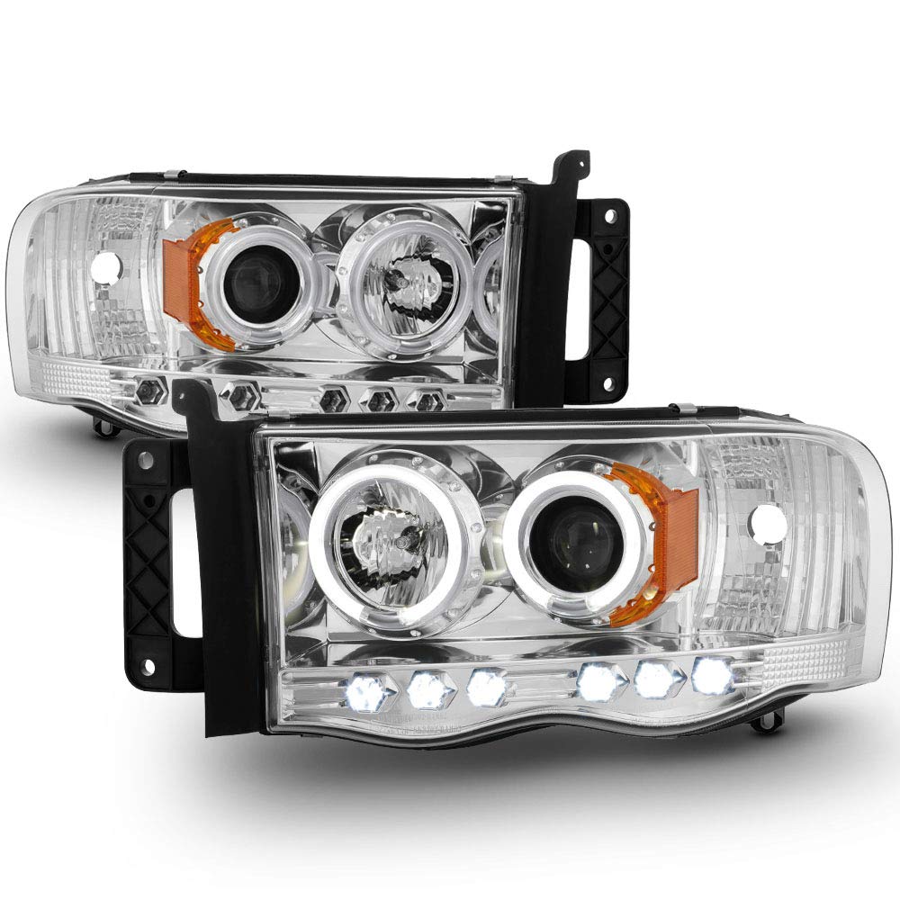 ACANII LED Halo Ring Projector Headlights Assembly for 2002-2005 Dodge Ram 1500/2500/3500 - Chrome Housing, Bright White Light - Perfect for Night Driving & Off-Road Adventures