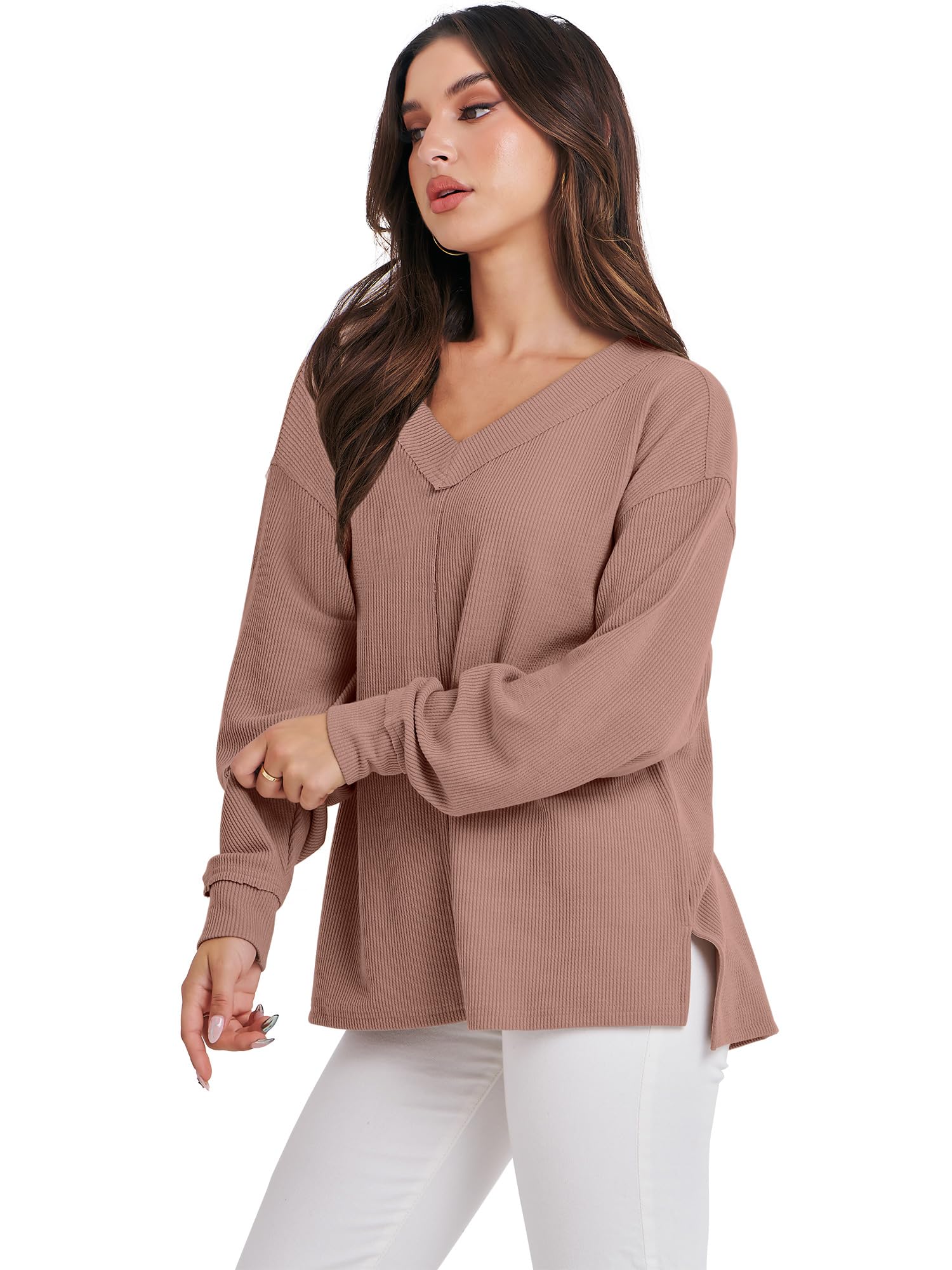 Caracilia Women's Oversized Off Shoulder Long Sleeve Waffle Knit Sweater - V Neck Pullover Top for Fall 2024 | Casual Outfit, Date Night, Autumn Layering