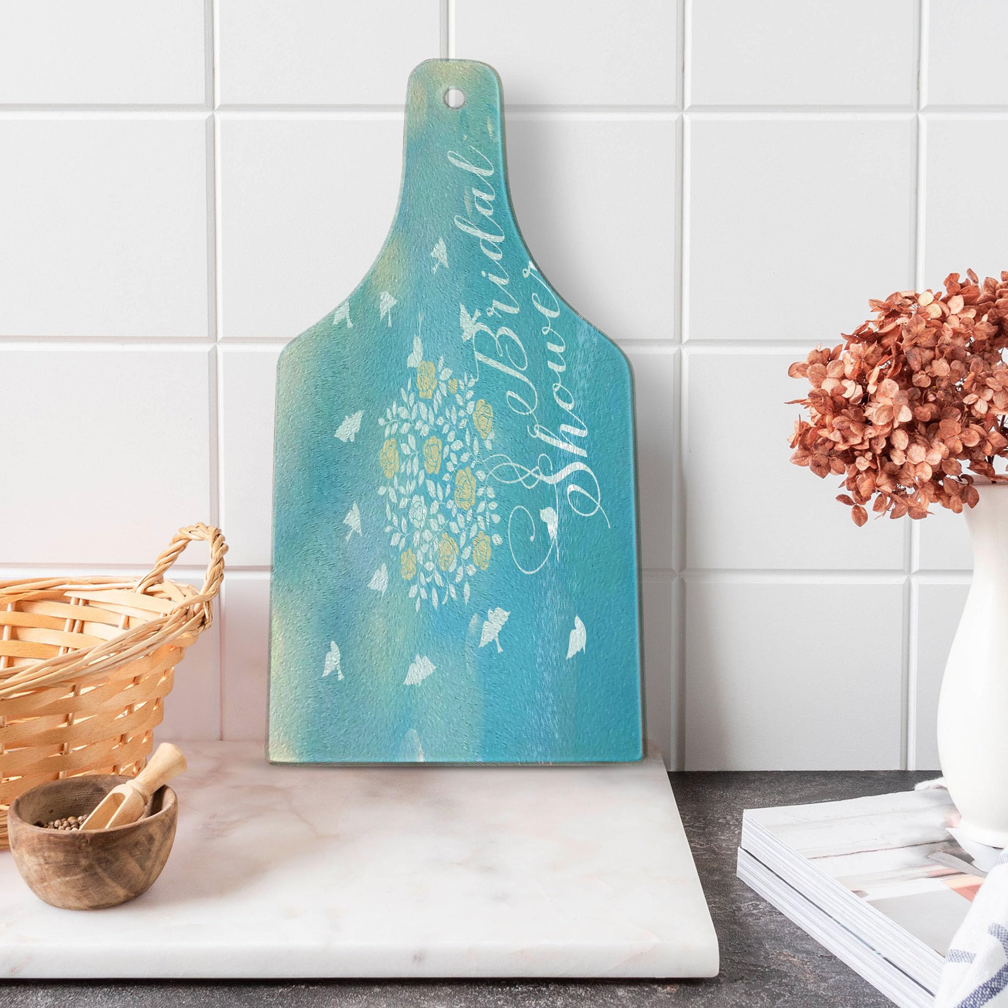 Ambesonne Wine Bottle Shaped Tempered Glass Cutting Board - Sunny Summer Sky with Birds & Flowers Design - Bridal Shower, Wedding Party Serving Board - Sky Blue, Cream & White - Perfect for Cheese Platters, Charcuterie & Wedding Gifts