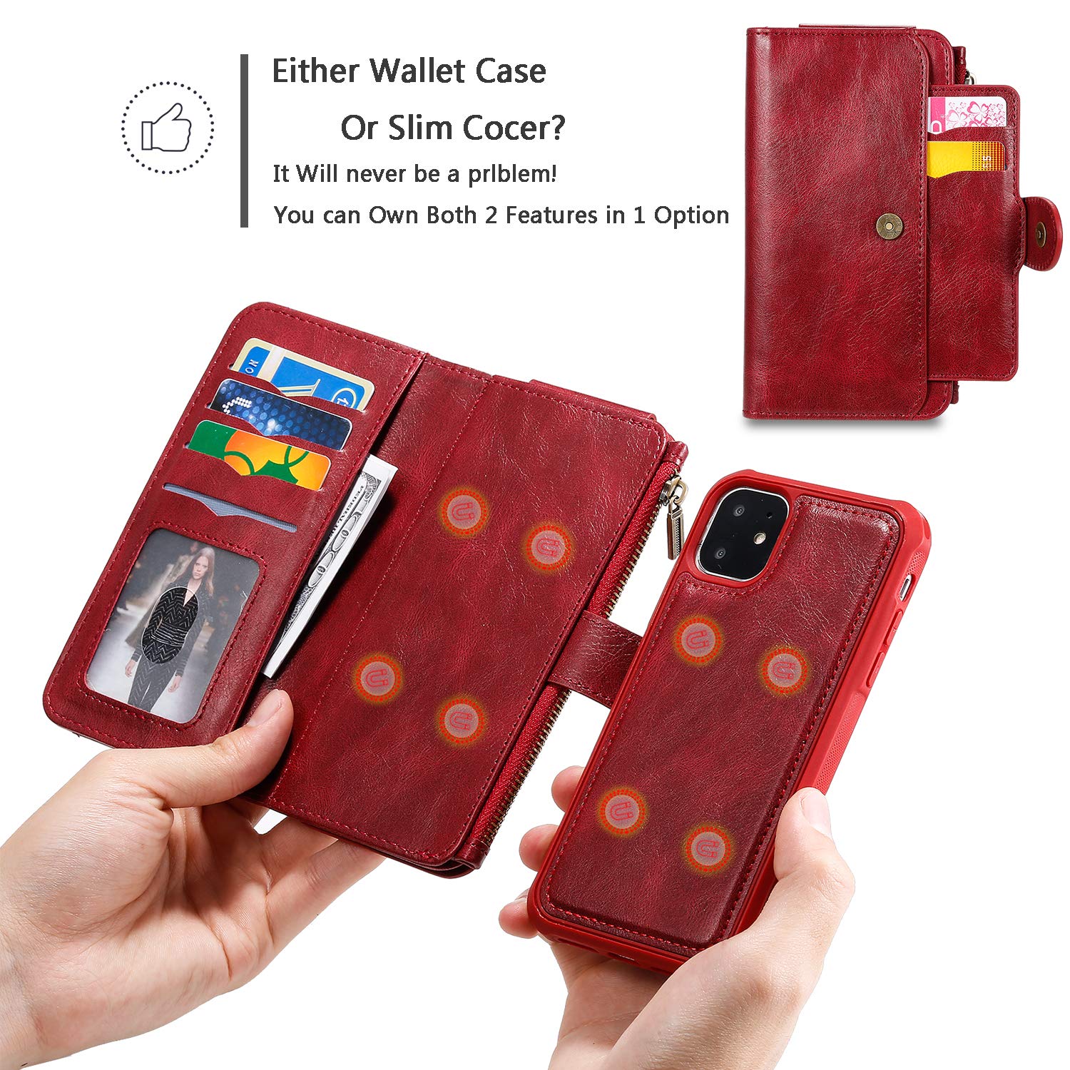 Premium 2-in-1 Magnetic Detachable Wallet Case for Apple iPhone 11 Pro - Luxury Leather Flip Cover with Zipper Card Holder & Strong Magnets (Wine Red) | Perfect for Business, Travel & Everyday Use