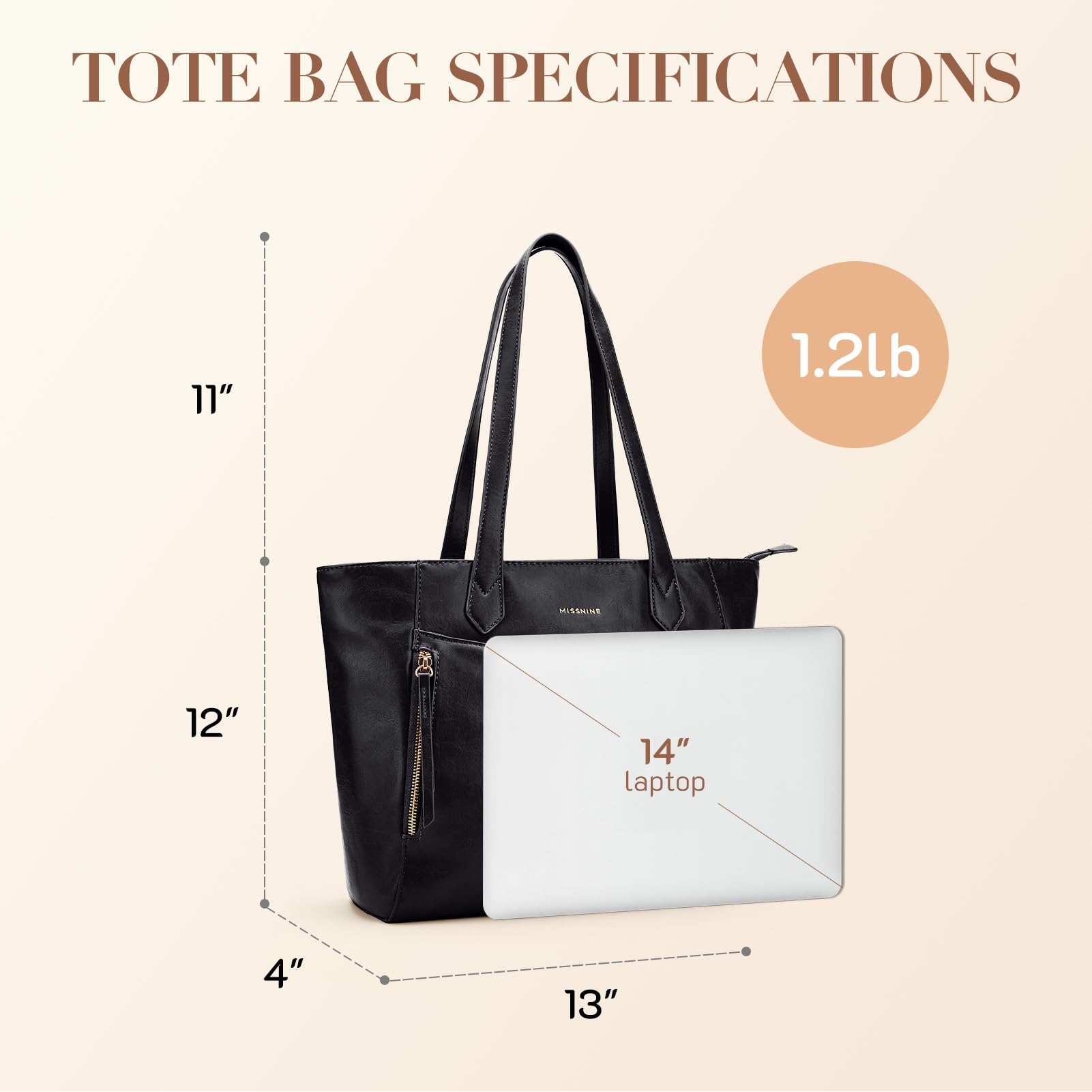 Missnine Leather Tote Bag for Women with Zipper - Work, Travel & Casual Purse