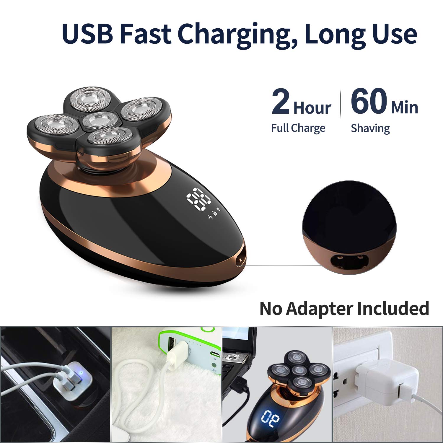 5-in-1 LED Electric Head Shaver for Bald Men - Cordless Wet/Dry USB Rechargeable Razor with Nose Hair Trimmer, IPX5 Waterproof - Perfect for Travel, Gym & Daily Grooming