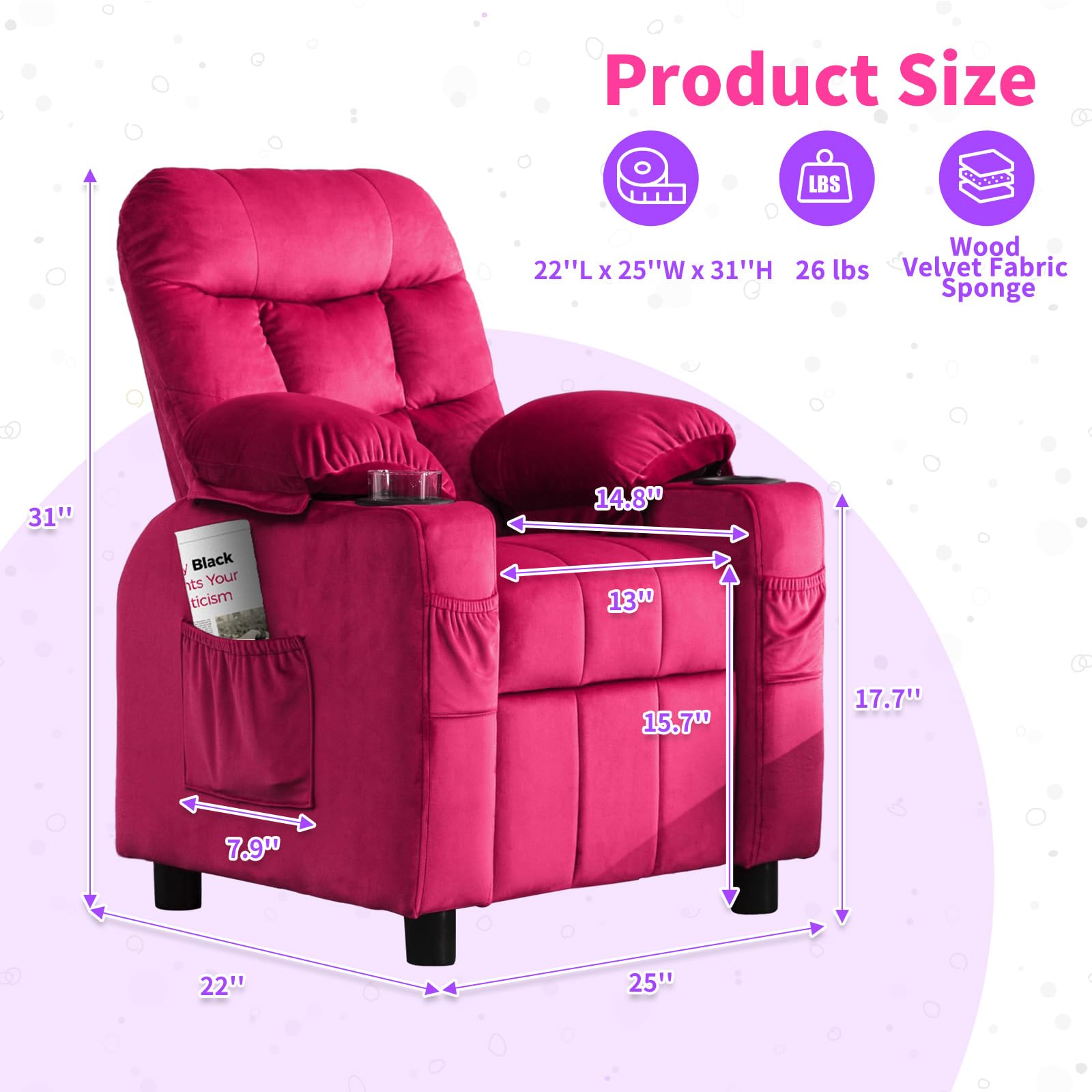 **Kids Recliner Chair with Cup Holder - Adjustable Toddler Lounge Chair with Footrest & Side Pockets, Soft Velvet Ergonomic Sofa for Boys & Girls Bedroom (Rose Pink) - Perfect for Reading, Watching TV & Relaxing**
