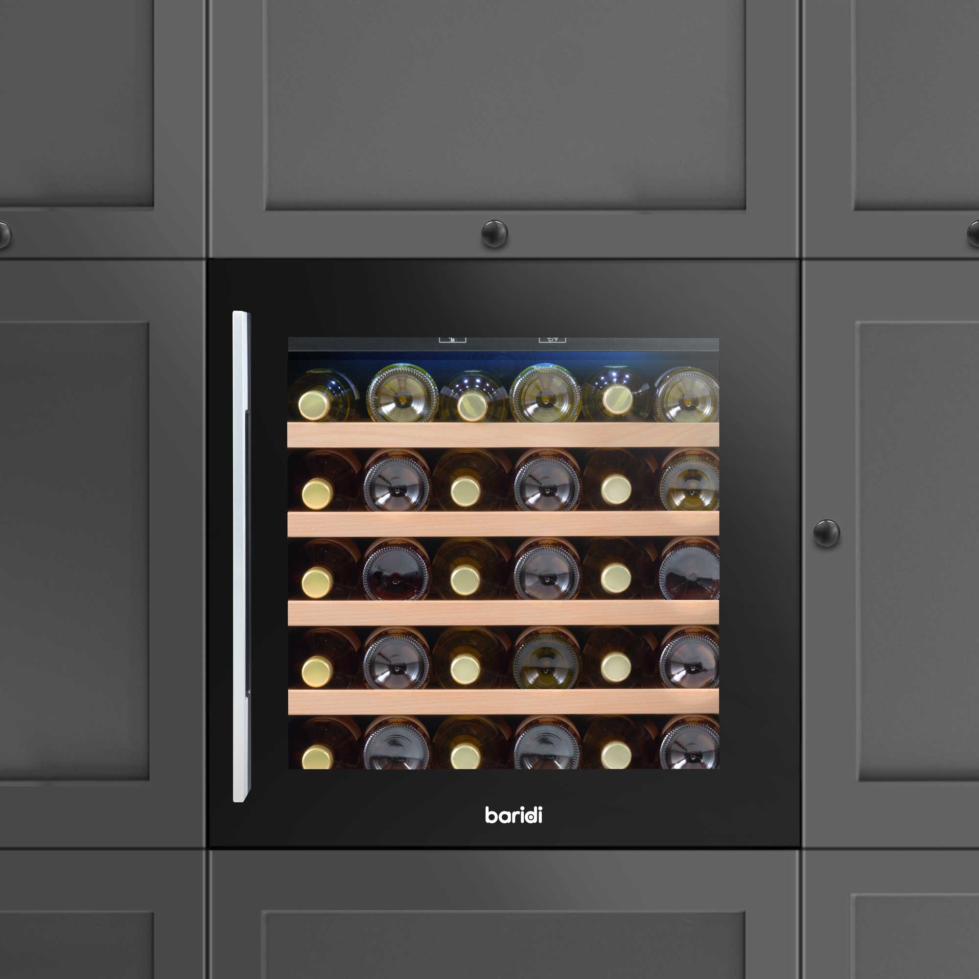 Baridi 60cm Built-In 36 Bottle Wine Cooler Refrigerator with Beech Wood Shelves - Black (DH206) for Home, Kitchen, Bar, or Restaurant Wine Storage