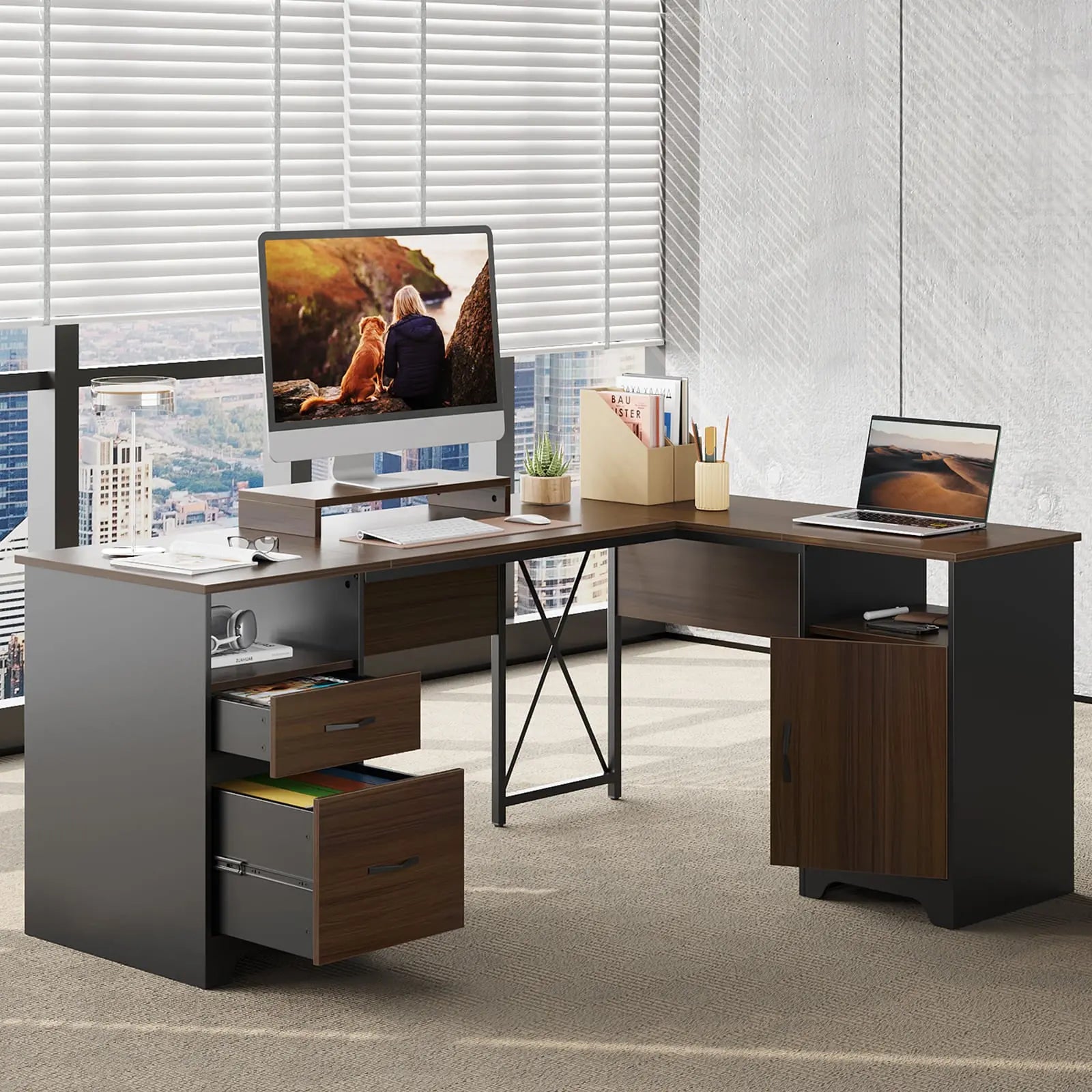 Bestier L-Shaped Computer Desk with File Drawers - Home Office Workstation for Gaming & Study, Space-Saving Corner Desk with Storage