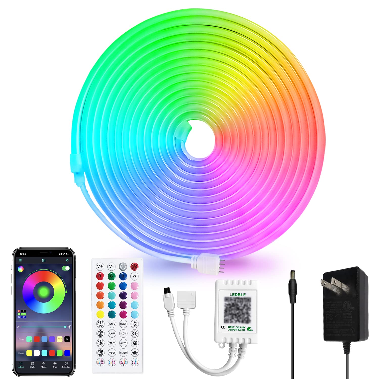 16.4ft RGB LED Neon Rope Lights with Remote & APP Control - IP65 Waterproof, Flexible 24V Music Sync Neon Strip Lights for Bedroom, Party, Bar, Outdoor Decor - Perfect for Wall Accents, Wedding Backdrops & Holiday Lighting