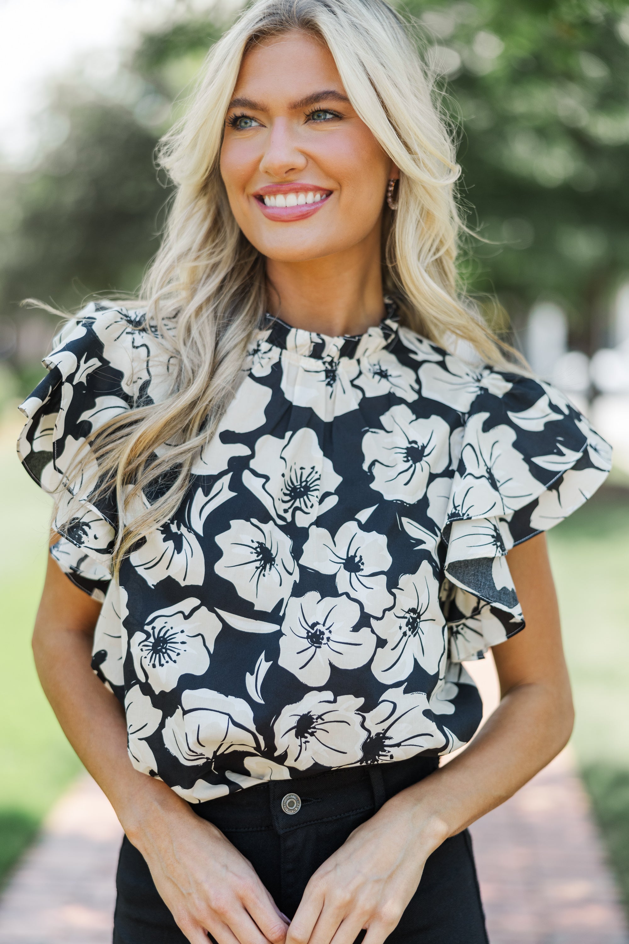 Elegant Black Floral Blouse for Women - Romantic All Heart Print Top - Perfect for Date Night, Office Wear & Special Occasions