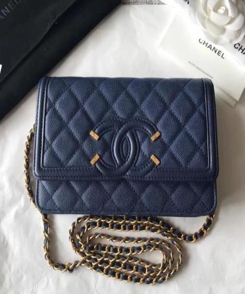 Chanel Wallet On Chain WOC CC Filigree Dark Blue Grained Calfskin Crossbody Bag - Luxury Designer Handbag for Women, Perfect for Evening Events & Date Nights