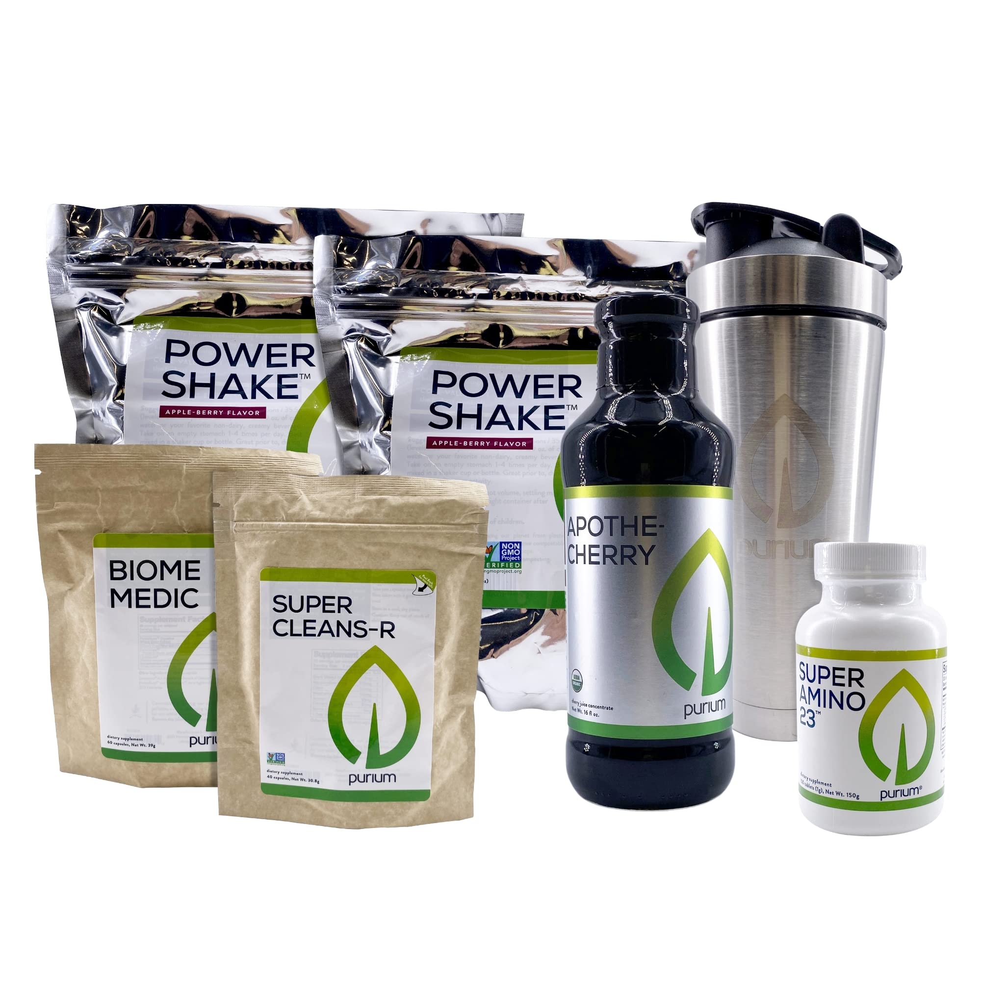 Purium Detox & Fitness Bundle - Apple Berry Power Shake, Apothe-Cherry, Super Amino 23, Super CleansR, Biome Medic & Blender Bottle for Weight Loss & Gut Health | Perfect for Post-Workout Recovery & Daily Cleansing Routine