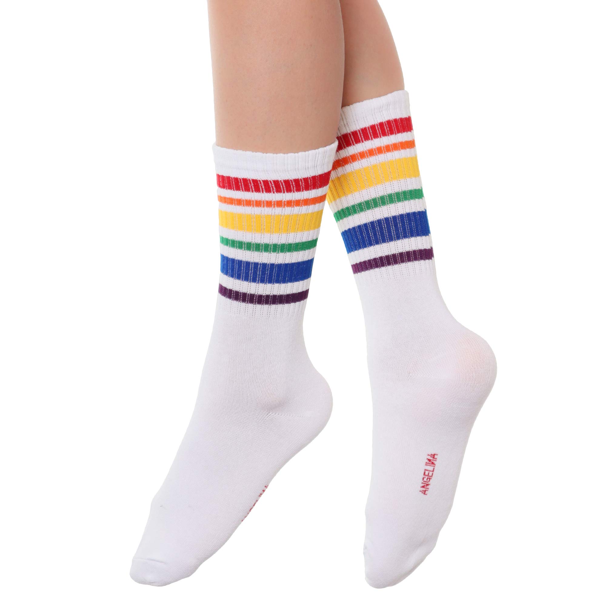 Angelina Women's Rainbow Striped Cotton Crew Socks - 6 Pairs Pack - Soft & Comfortable for Everyday Wear, Workout, and Casual Outfits