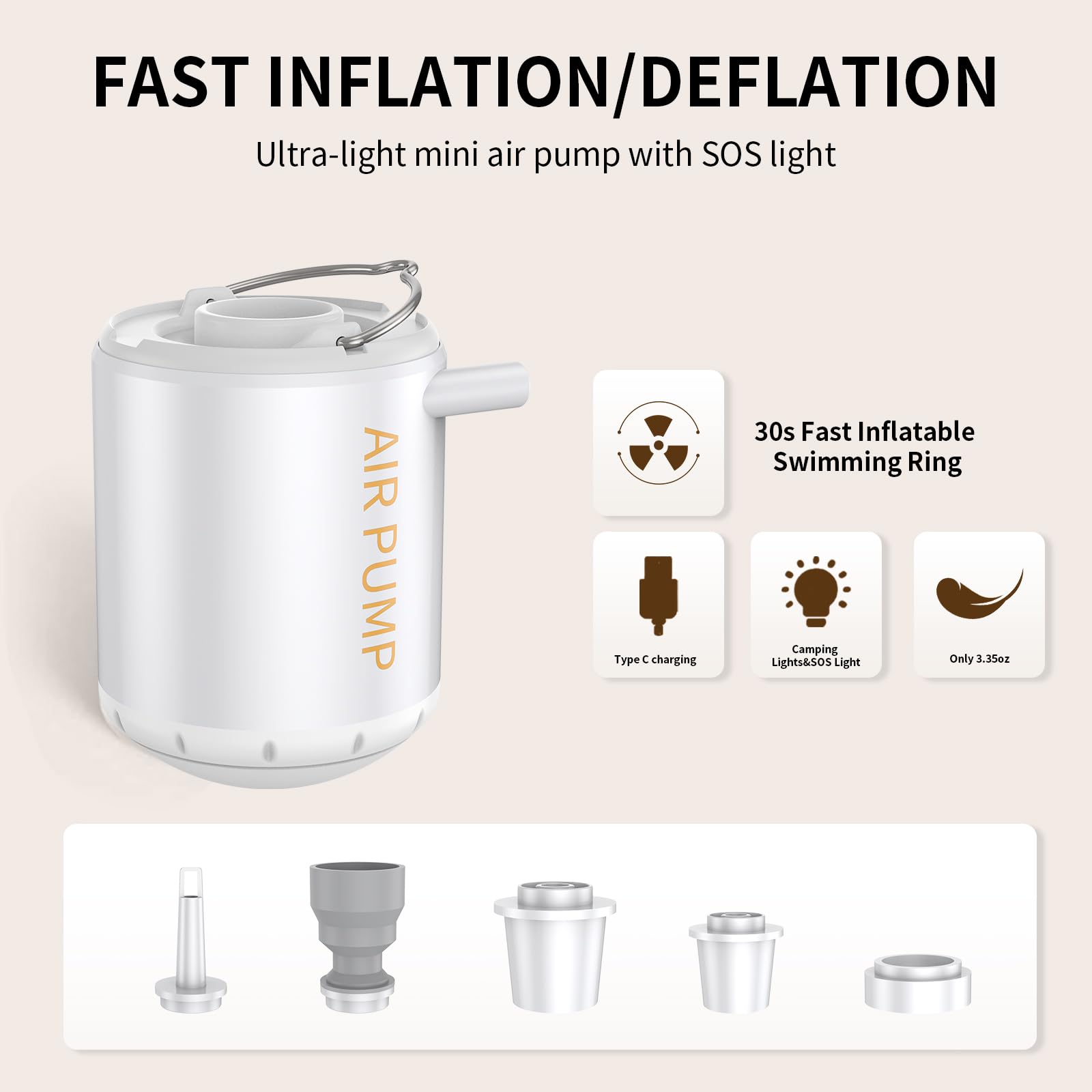 Portable Mini Air Pump for Inflatables - Rechargeable Electric Pump for Air Mattress, Pool Floats, Sleeping Pads, Vacuum Bags | Compact Camping Gear with Built-in Light for Outdoor, Travel & Home Use