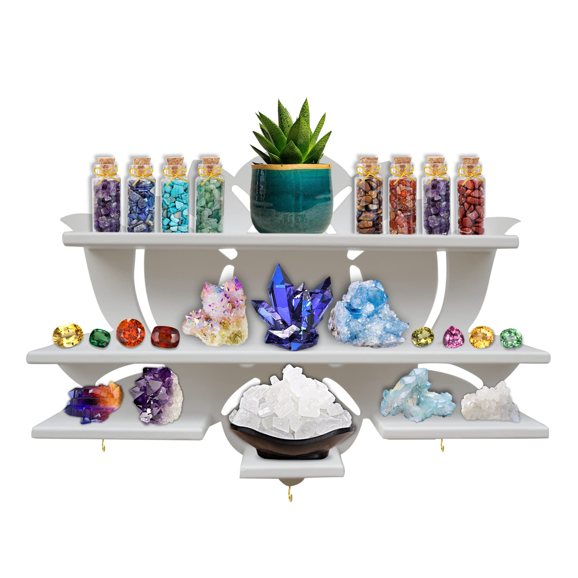 Chakral Wooden Lotus Flower Shelf for Crystals - Floating Crystal Display Shelf & Holder, Wall Decor for Bedroom Aesthetic, Pinewood (White) | Perfect for Meditation Spaces, Yoga Rooms & Spiritual Home Decor
