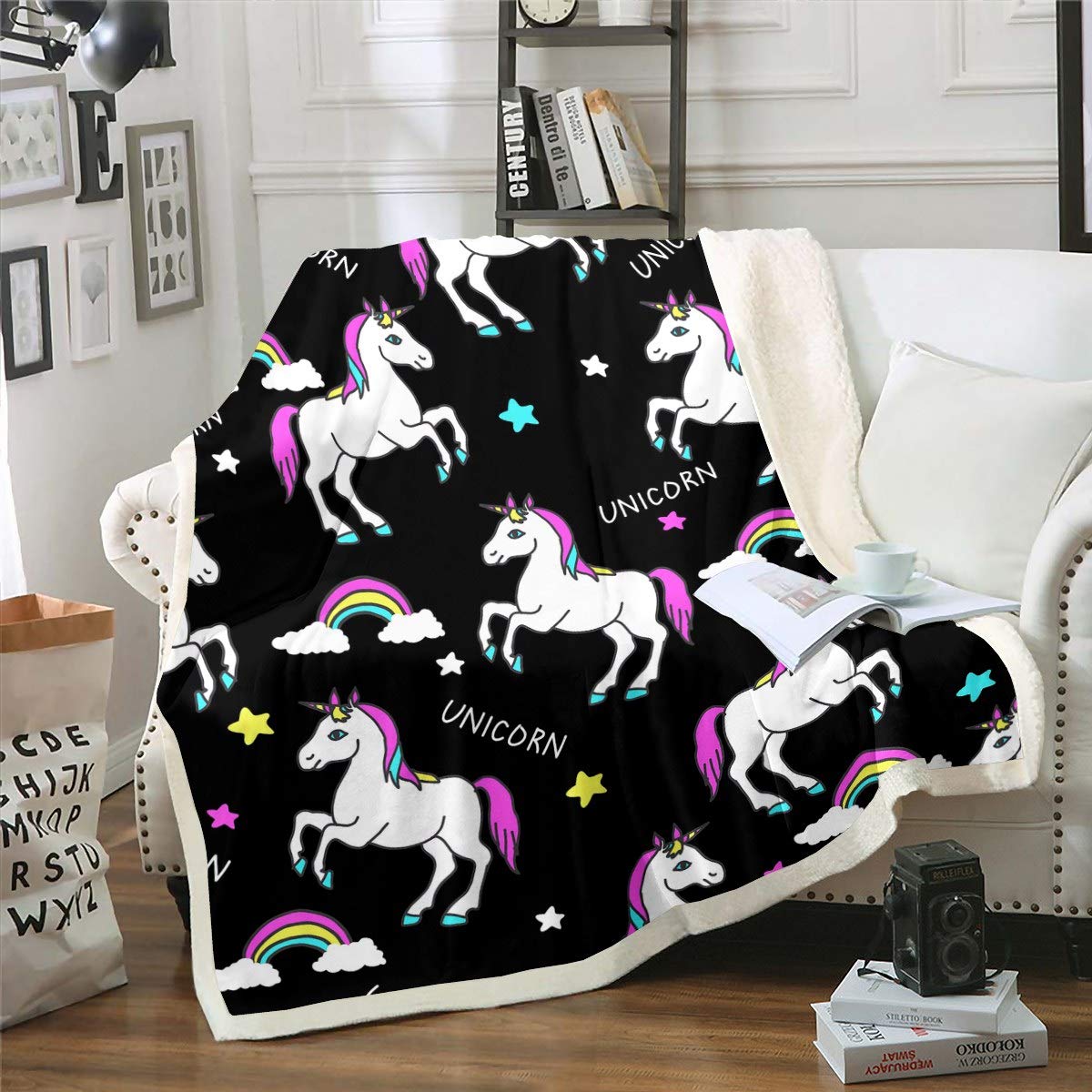 Soft Unicorn Sherpa Fleece Blanket - Cute Magical Animal Plush Throw for Sofa, Couch & Bed - Warm Fuzzy Rainbow Fantasy Blanket for Kids, Toddlers & Adults - Queen Size 90