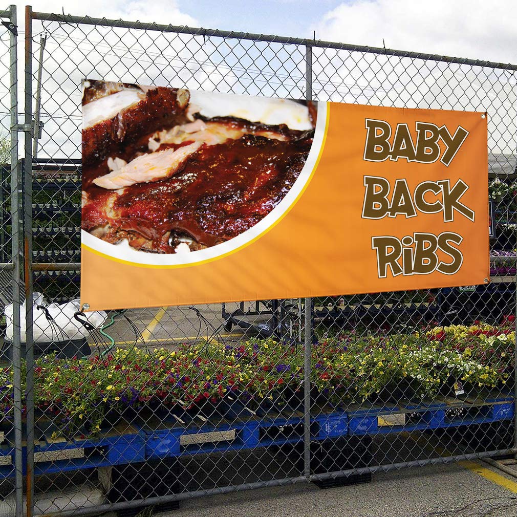 Custom Printed Vinyl Banners for Baby Back Ribs Advertising - 16x40 Inches, Weatherproof & Durable with 4 Grommets - Perfect for Restaurants, Food Trucks, Outdoor Events & Yard Signs (Multiple Sizes Available)