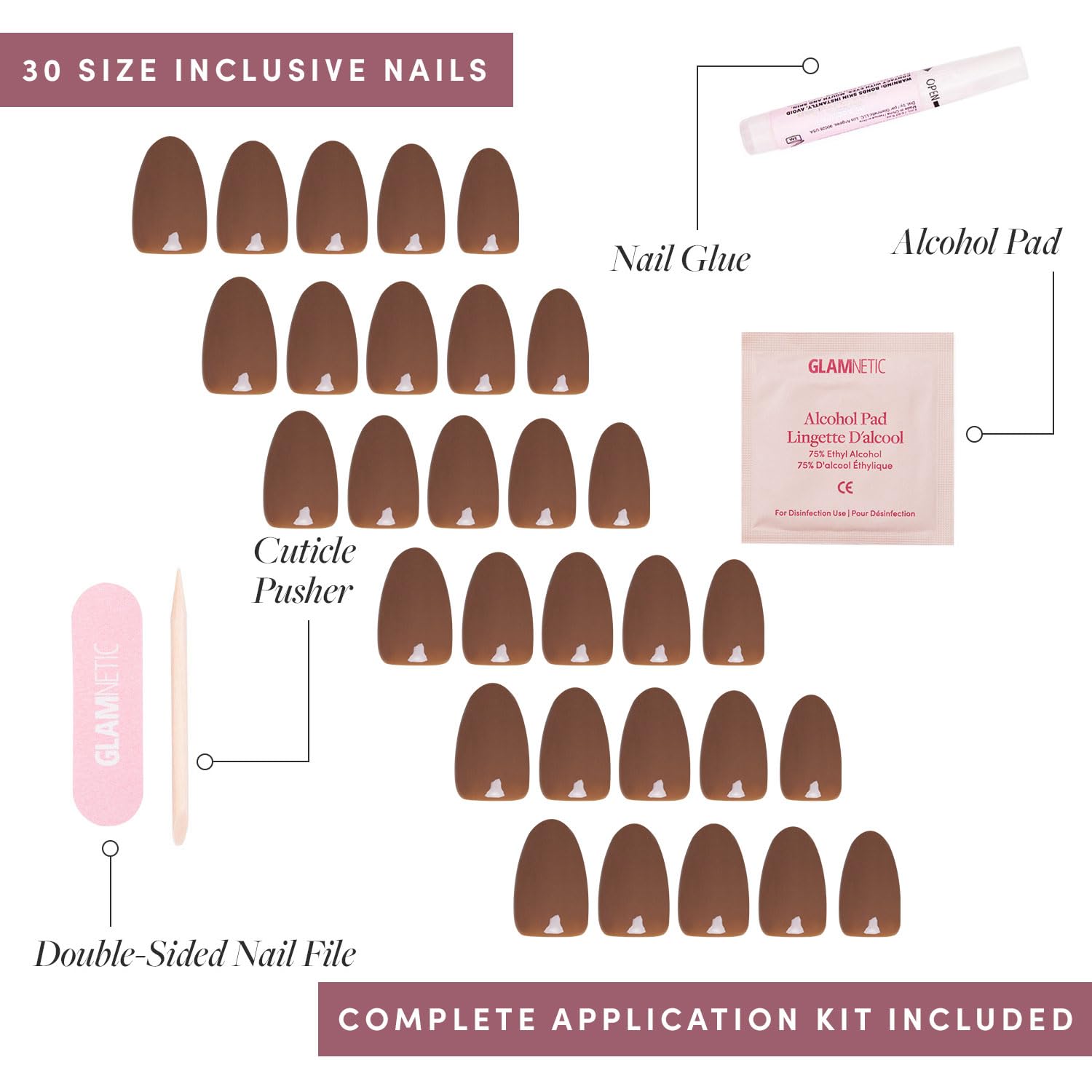 Glamnetic Press On Nails - Chocolate Brown Short Oval Fake Nails | Reusable Stick On Nails with Glue | Salon Quality False Nails Kit (15 Sizes, 30 Nails) | Perfect for Parties, Weddings & Everyday Wear