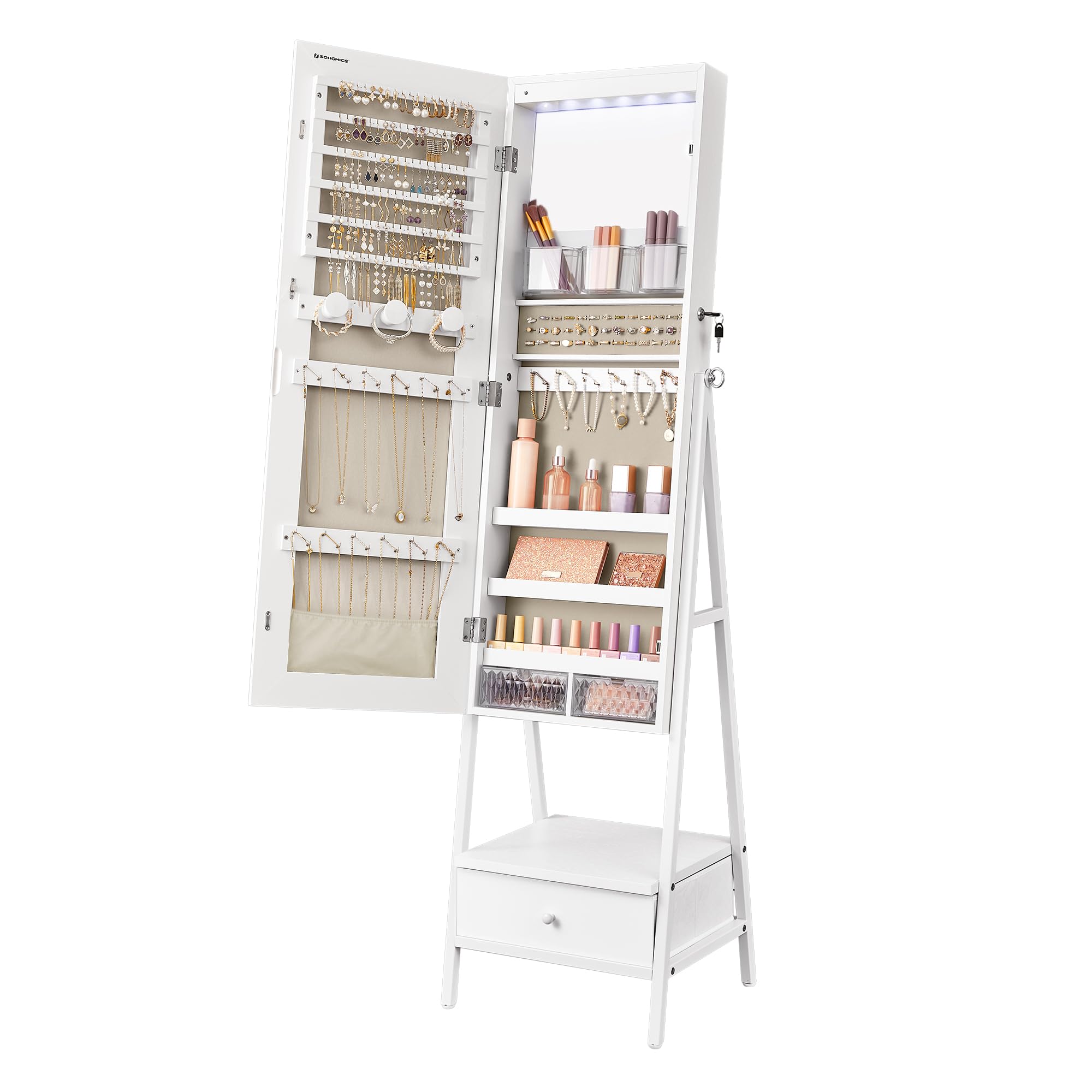 SONGMICS LED Mirror Jewelry Cabinet - Lockable Standing Jewelry Armoire with Full-Length Mirror, 6 Drawers & Shelves for Necklace, Ring, Bracelet Storage - Space-Saving Vanity Organizer for Bedroom, Bathroom - Cloud White UJJC025W01